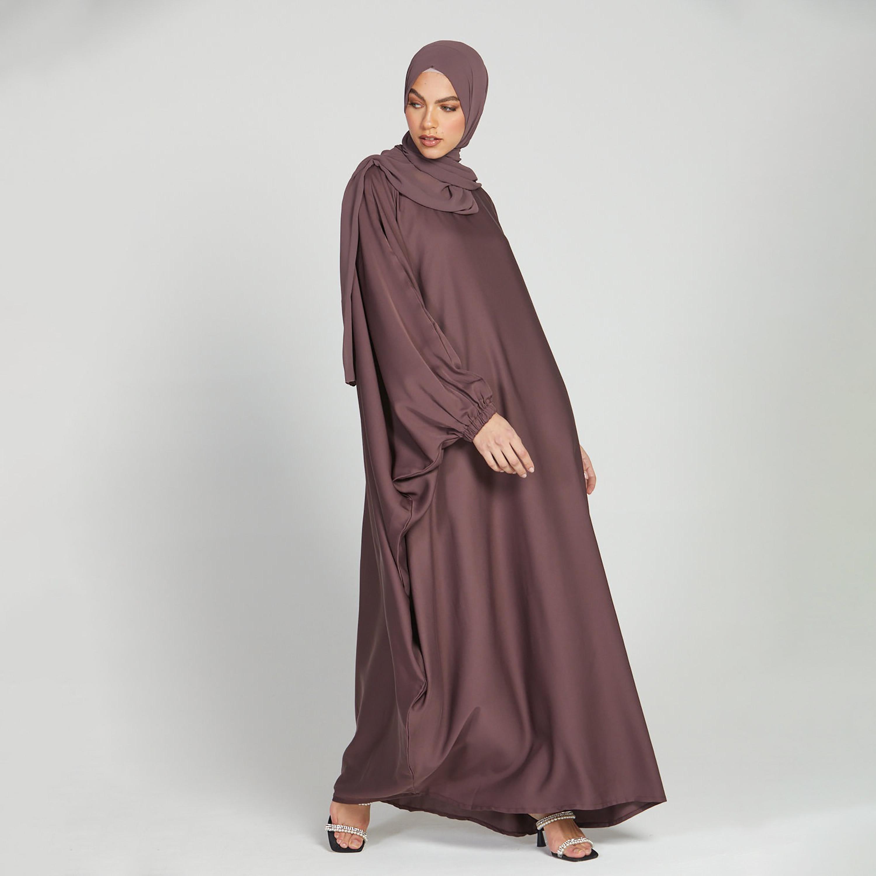 Nukhbaa Brown Nida Elasticated Cuff Sleeve Butterfly Abaya with Hijab-women-arabicclothing-abayas-image-4