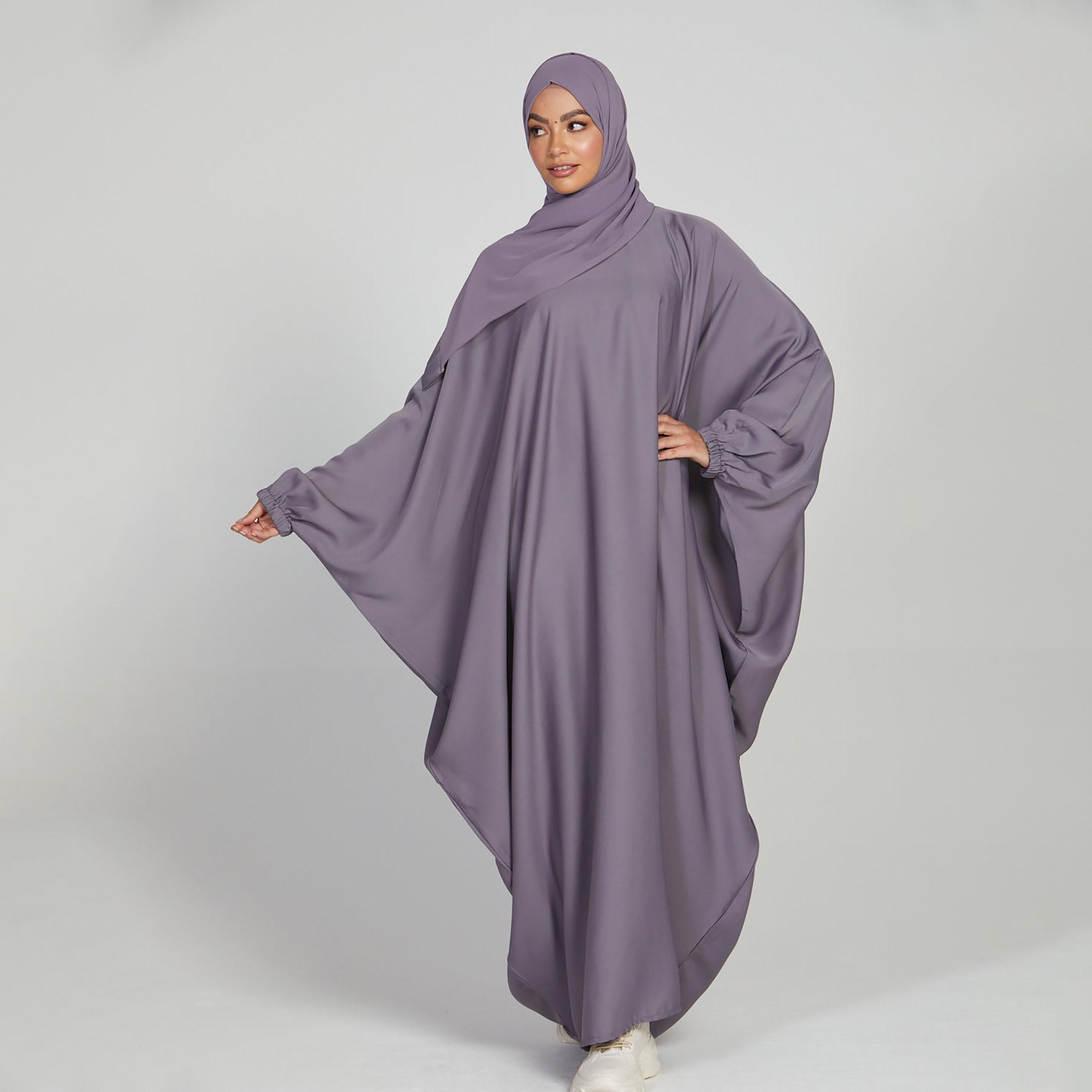 Nukhbaa Grey Nida Elasticated Cuff Sleeve Butterfly Abaya with Hijab-women-arabicclothing-prayerclothing-image-1