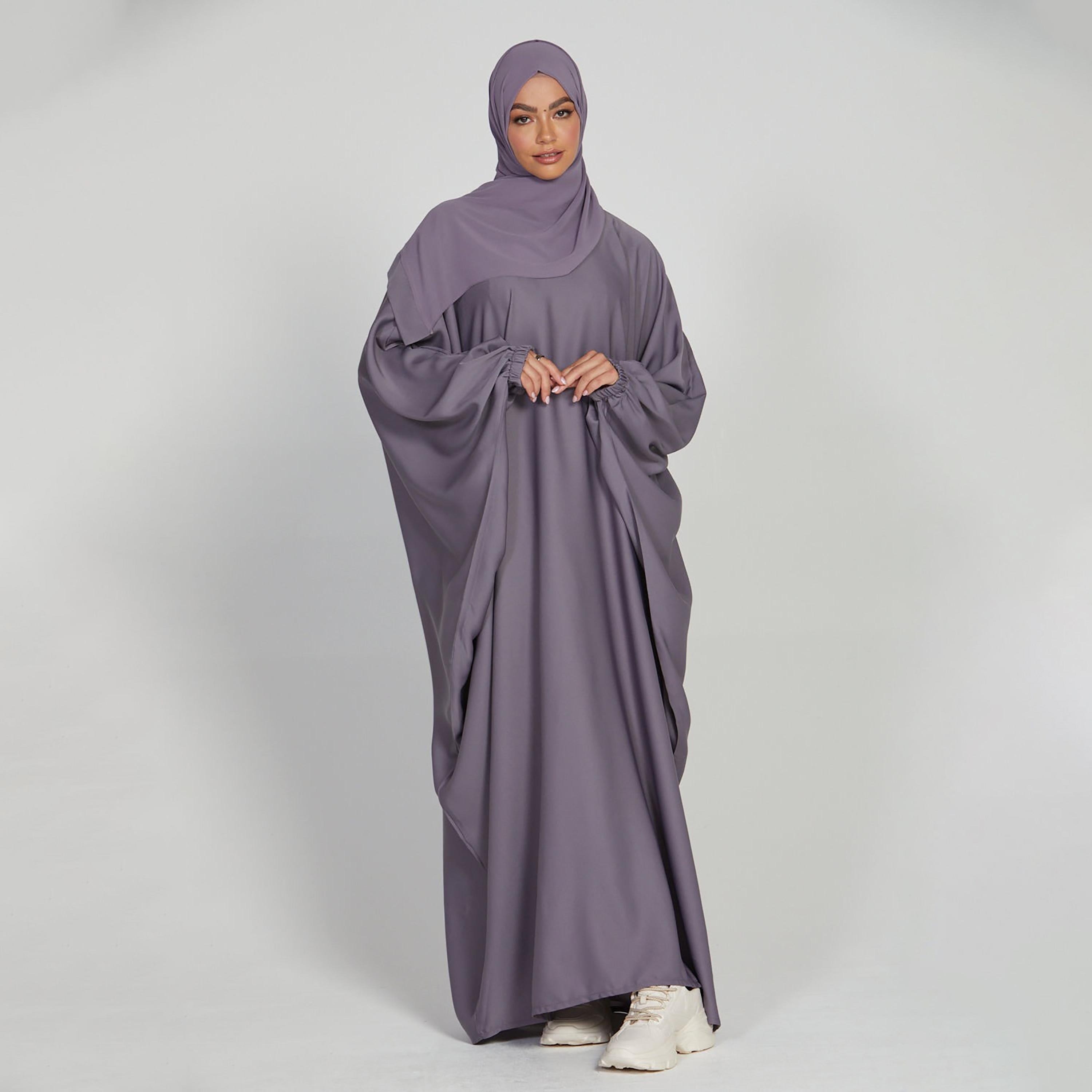 Nukhbaa Grey Nida Elasticated Cuff Sleeve Butterfly Abaya with Hijab-women-arabicclothing-prayerclothing-image-3