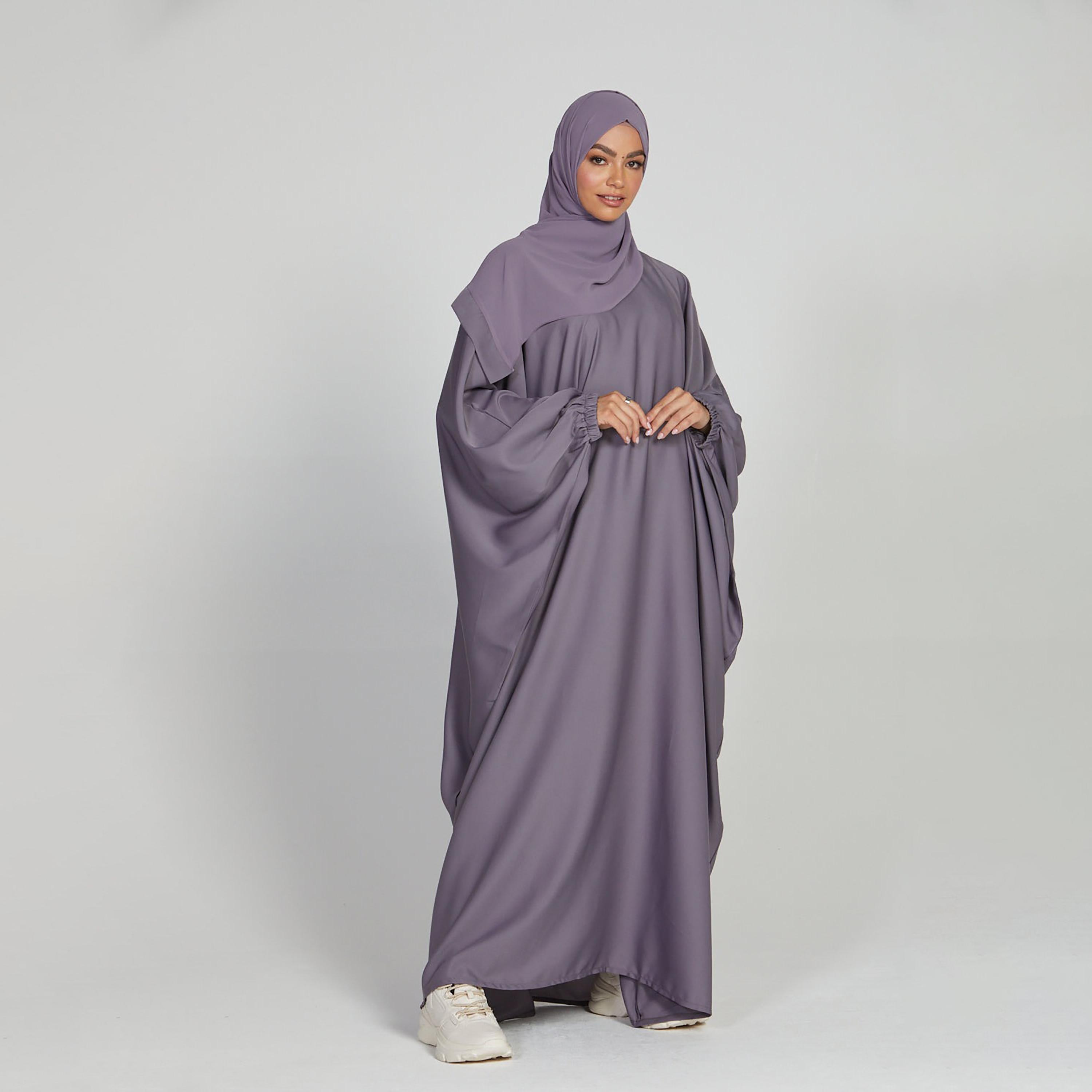 Nukhbaa Grey Nida Elasticated Cuff Sleeve Butterfly Abaya with Hijab-women-arabicclothing-prayerclothing-image-4