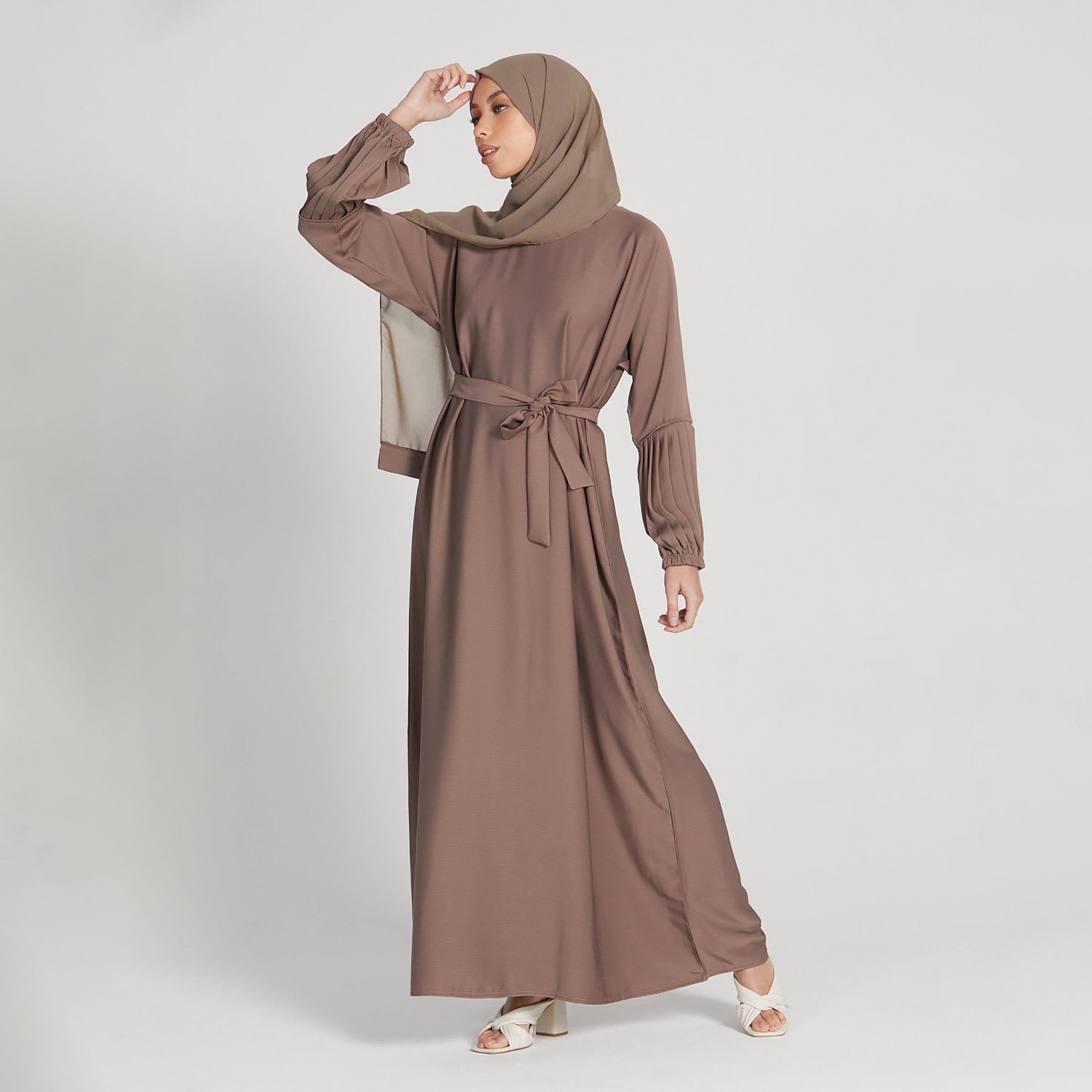 Nukhbaa Brown Nida Tie-Up Belted Abaya with Hijab-women-arabicclothing-abayas-image-1