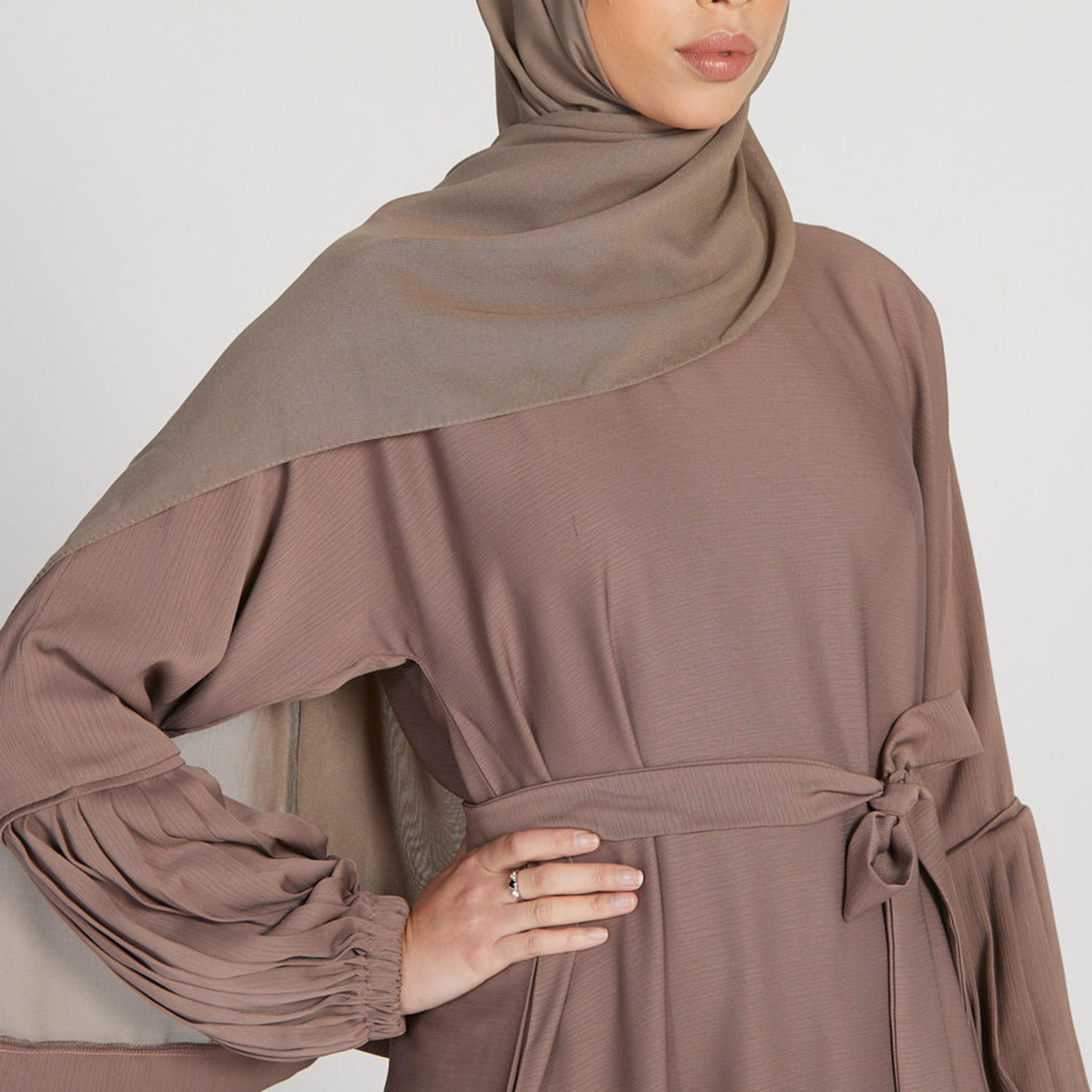 Nukhbaa Brown Nida Tie-Up Belted Abaya with Hijab-women-arabicclothing-abayas-image-2