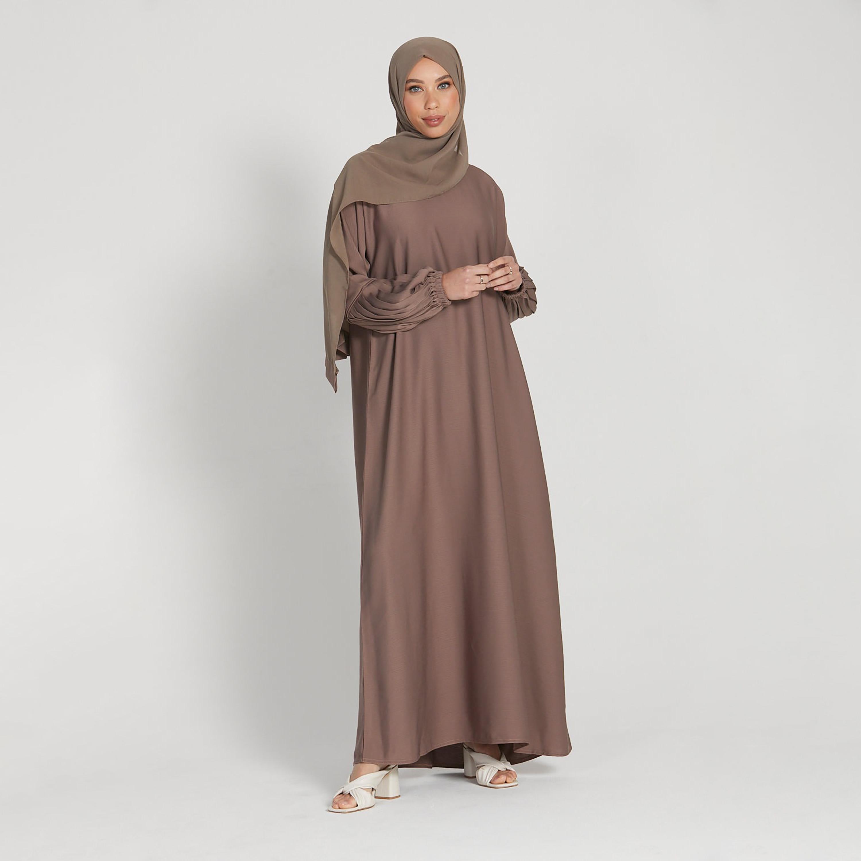 Nukhbaa Brown Nida Tie-Up Belted Abaya with Hijab-women-arabicclothing-abayas-image-3