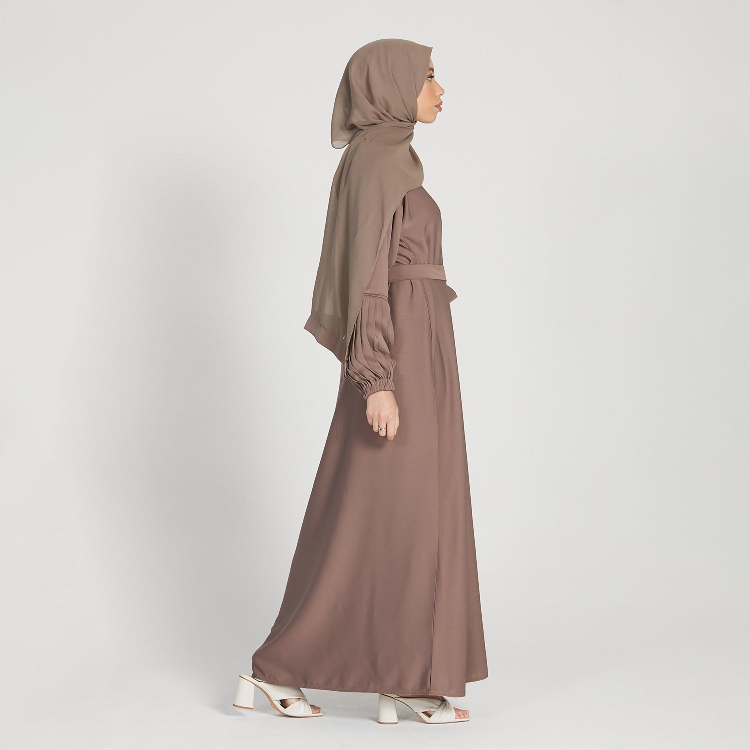 Nukhbaa Brown Nida Tie-Up Belted Abaya with Hijab-women-arabicclothing-abayas-image-4