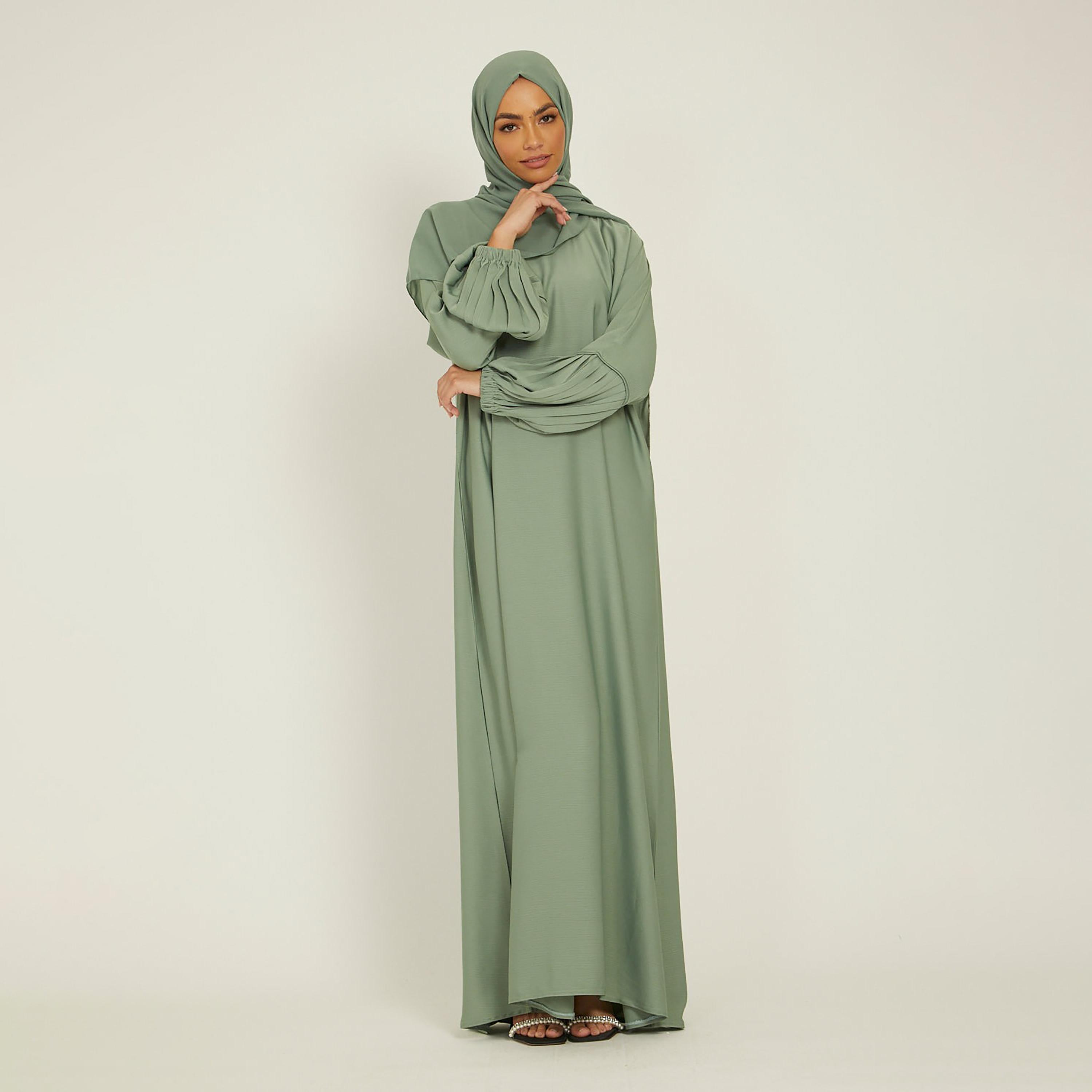 عباية ذات نيدا بلون اخضر وحزام برباط من نخبه مع حجاب-women-arabicclothing-abayas-image-4