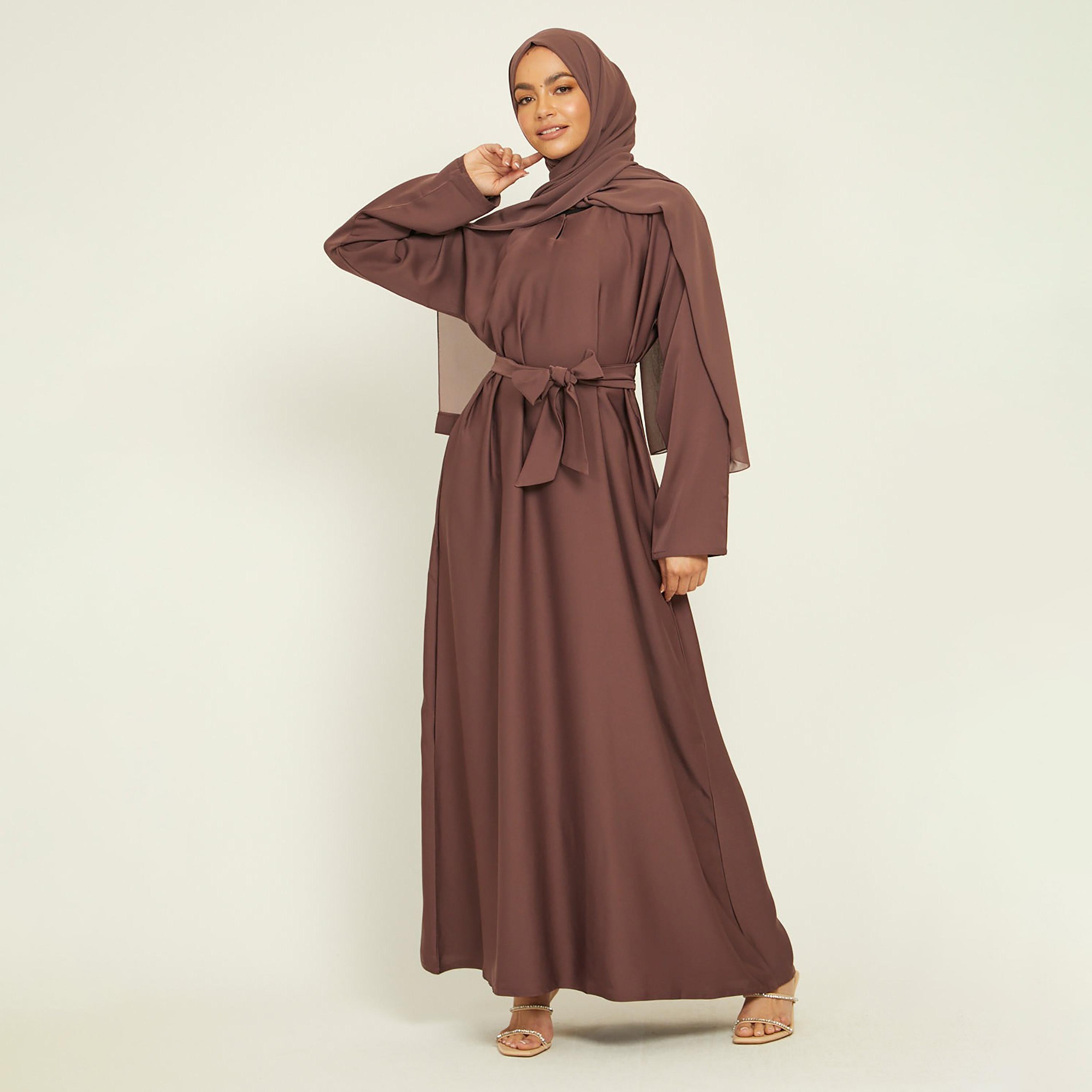 Nukhbaa Brown Nida Tie-Up Belted Abaya with Hijab-women-arabicclothing-abayas-image-1