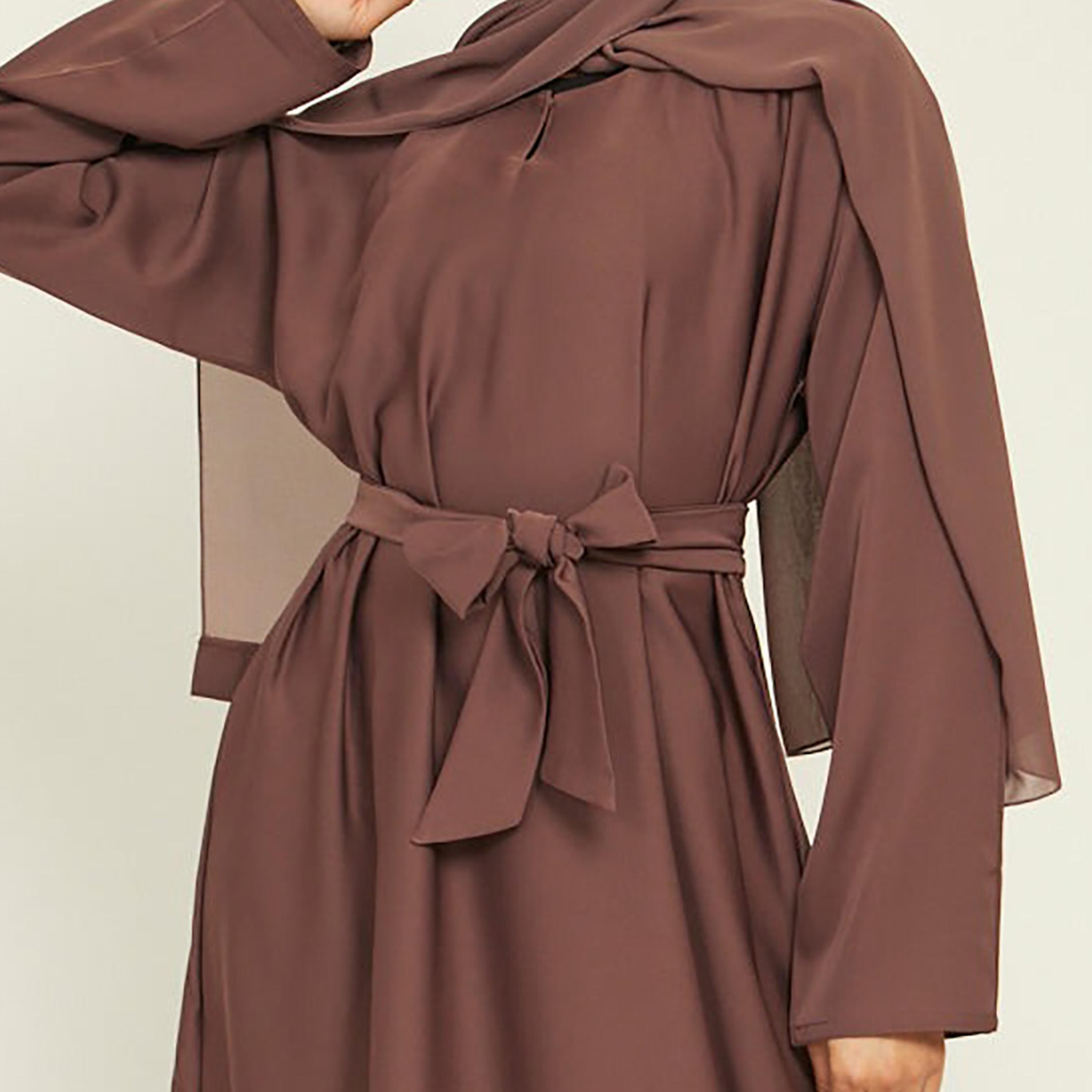 Nukhbaa Brown Nida Tie-Up Belted Abaya with Hijab-women-arabicclothing-abayas-image-2