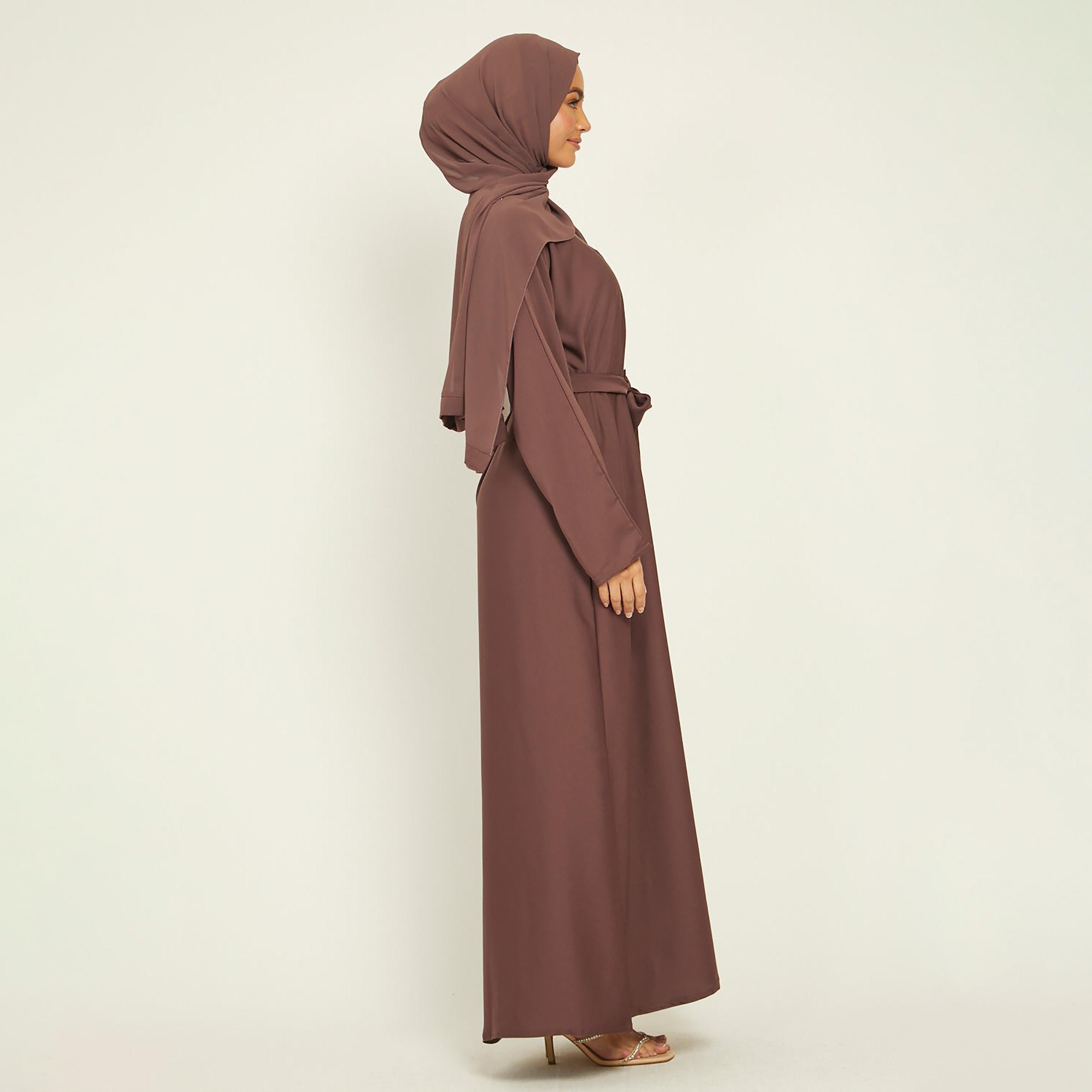 Nukhbaa Brown Nida Tie-Up Belted Abaya with Hijab-women-arabicclothing-abayas-image-3
