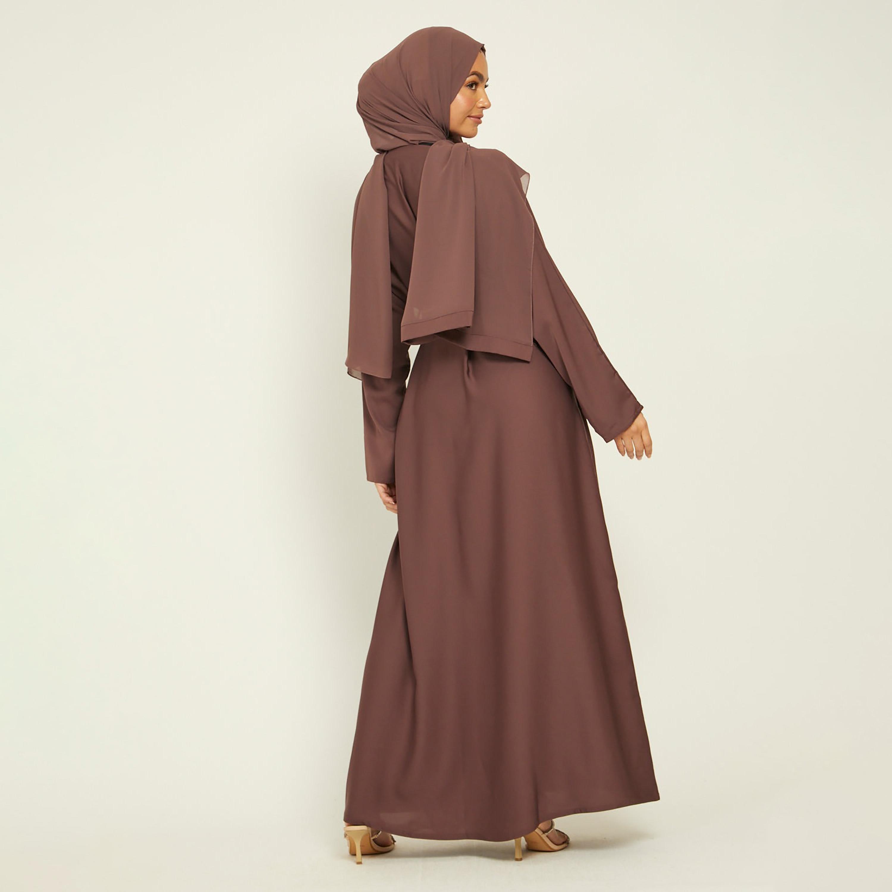 Nukhbaa Brown Nida Tie-Up Belted Abaya with Hijab-women-arabicclothing-abayas-image-4