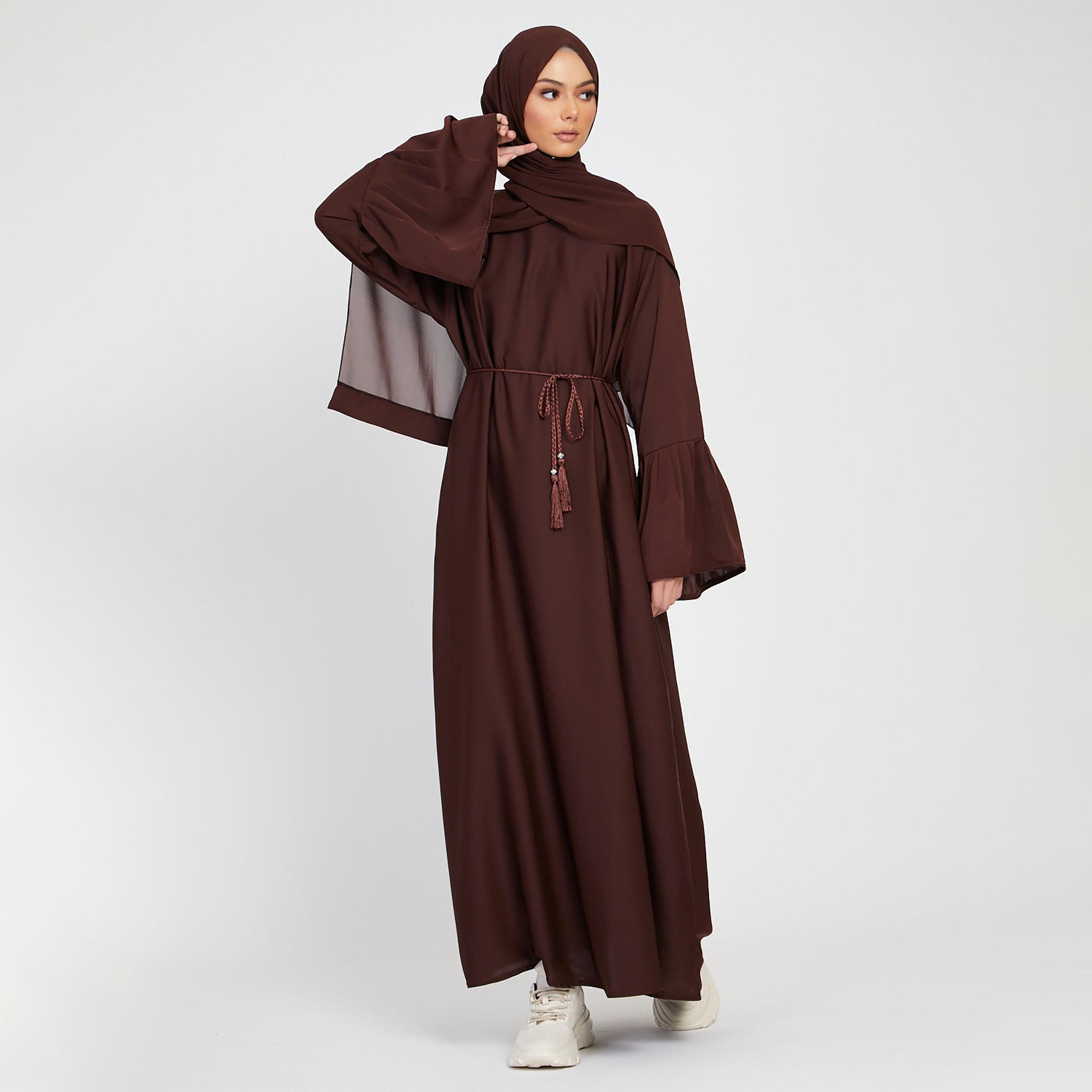 Nukhbaa Brown Nida Pleated Bell Sleeve Abaya with Hijab-women-arabicclothing-abayas-image-1
