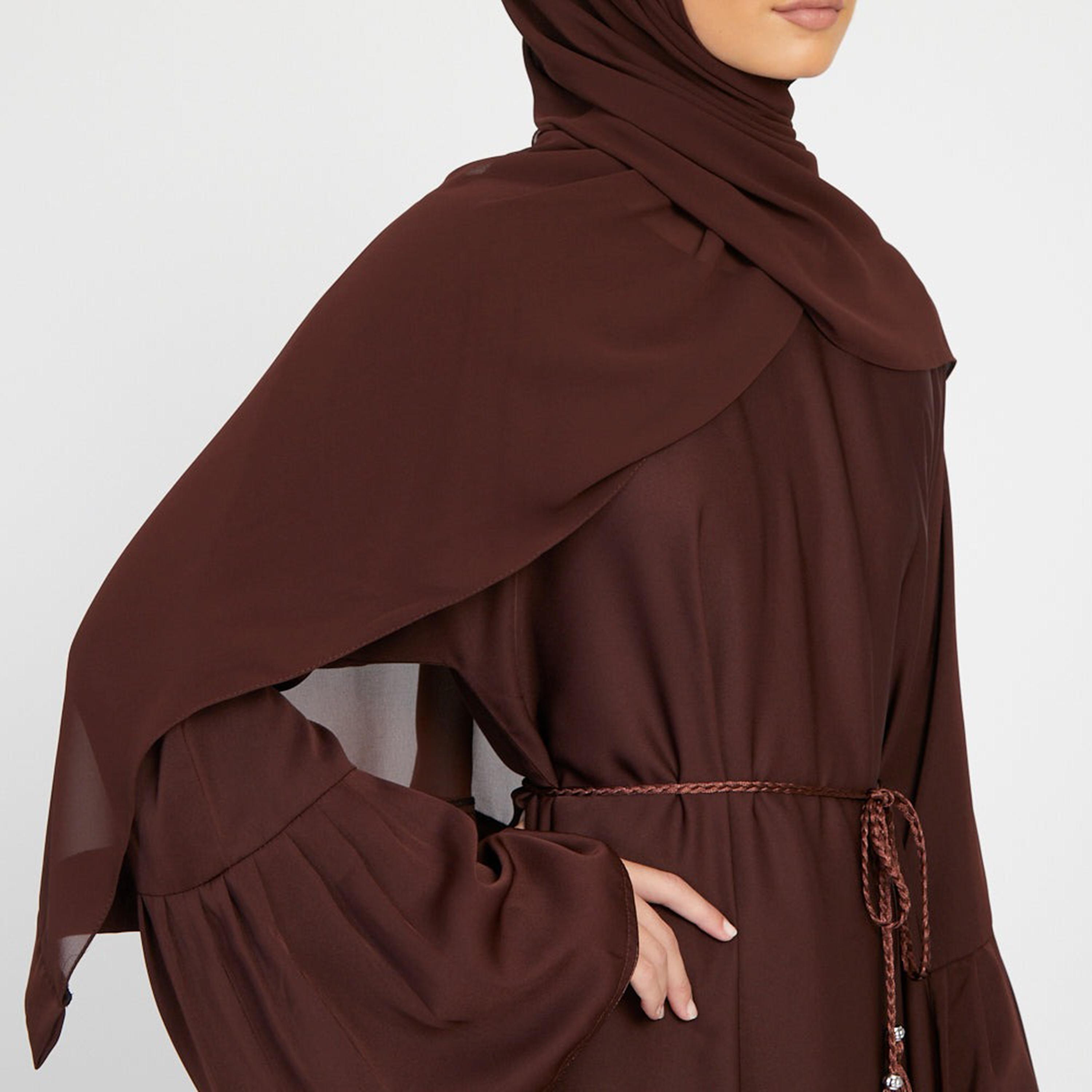 Nukhbaa Brown Nida Pleated Bell Sleeve Abaya with Hijab-women-arabicclothing-abayas-image-2