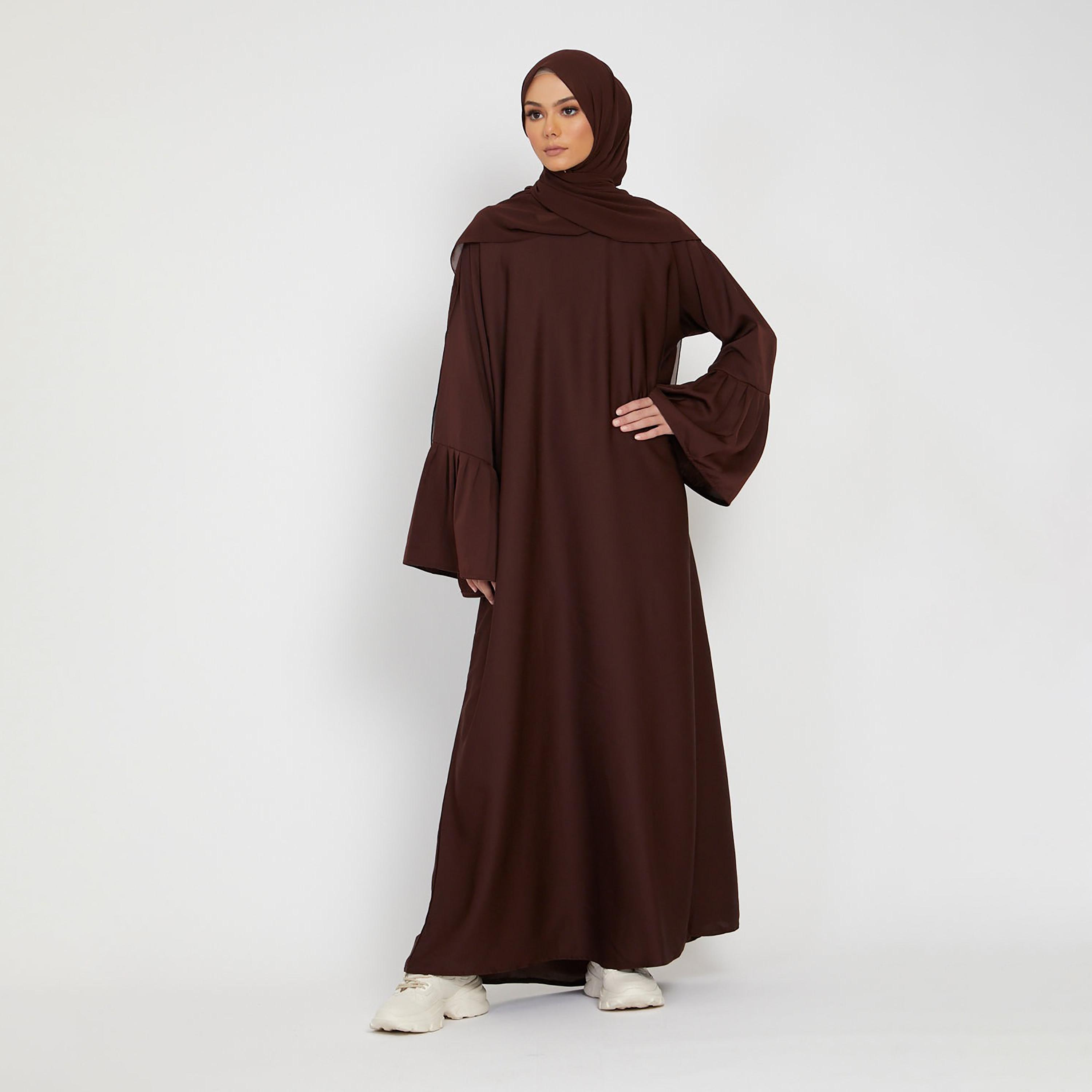 Nukhbaa Brown Nida Pleated Bell Sleeve Abaya with Hijab-women-arabicclothing-abayas-image-3