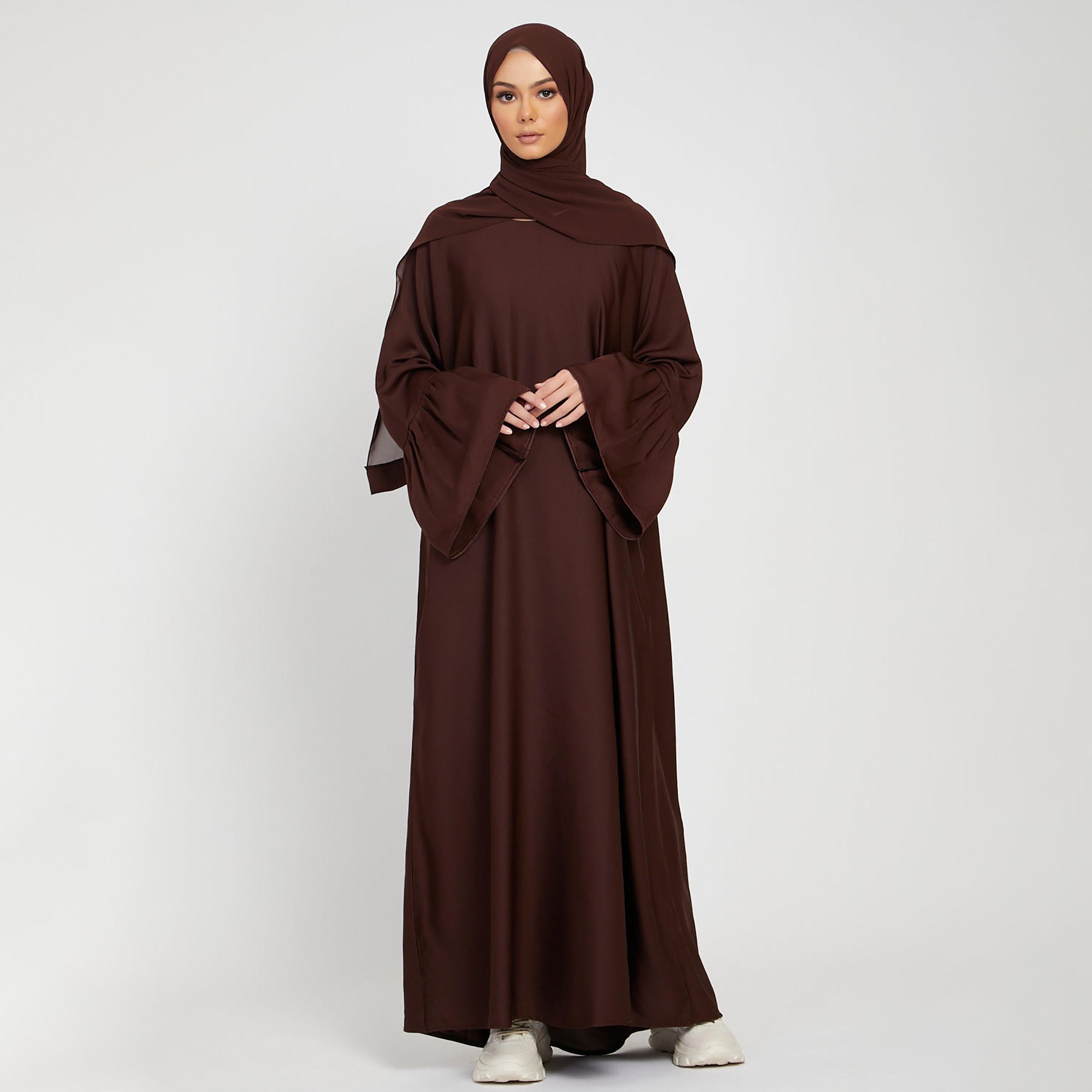 Nukhbaa Brown Nida Pleated Bell Sleeve Abaya with Hijab-women-arabicclothing-abayas-image-4