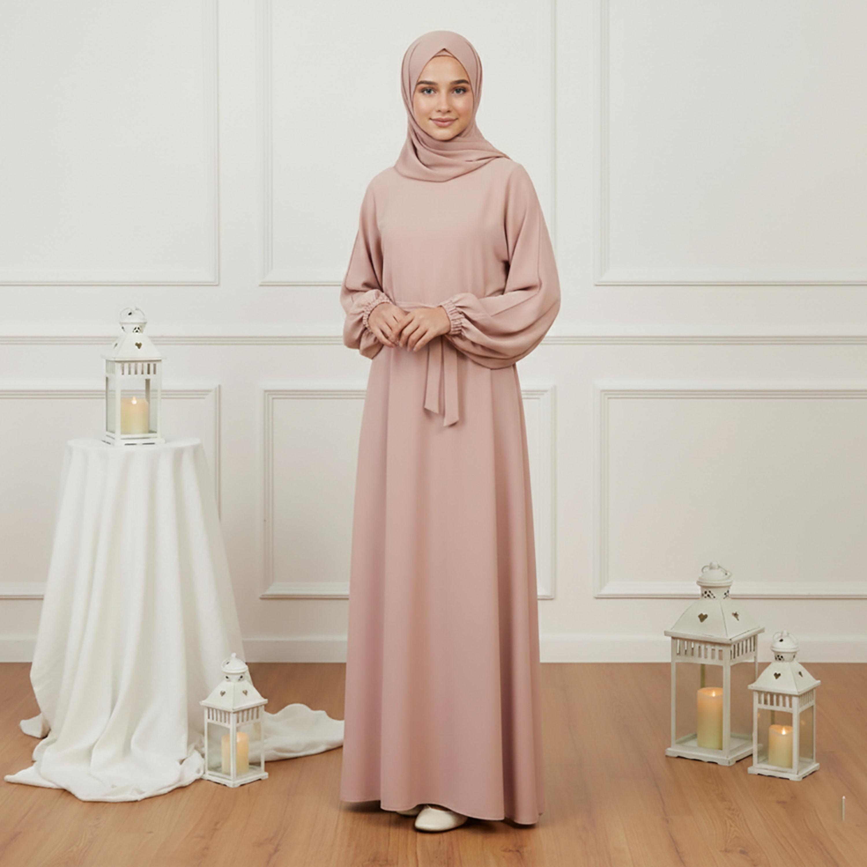 Nukhbaa Beige Balloon Sleeves Nida Girls Abaya with Hijab-girls-arabicclothing-abayas-image-1
