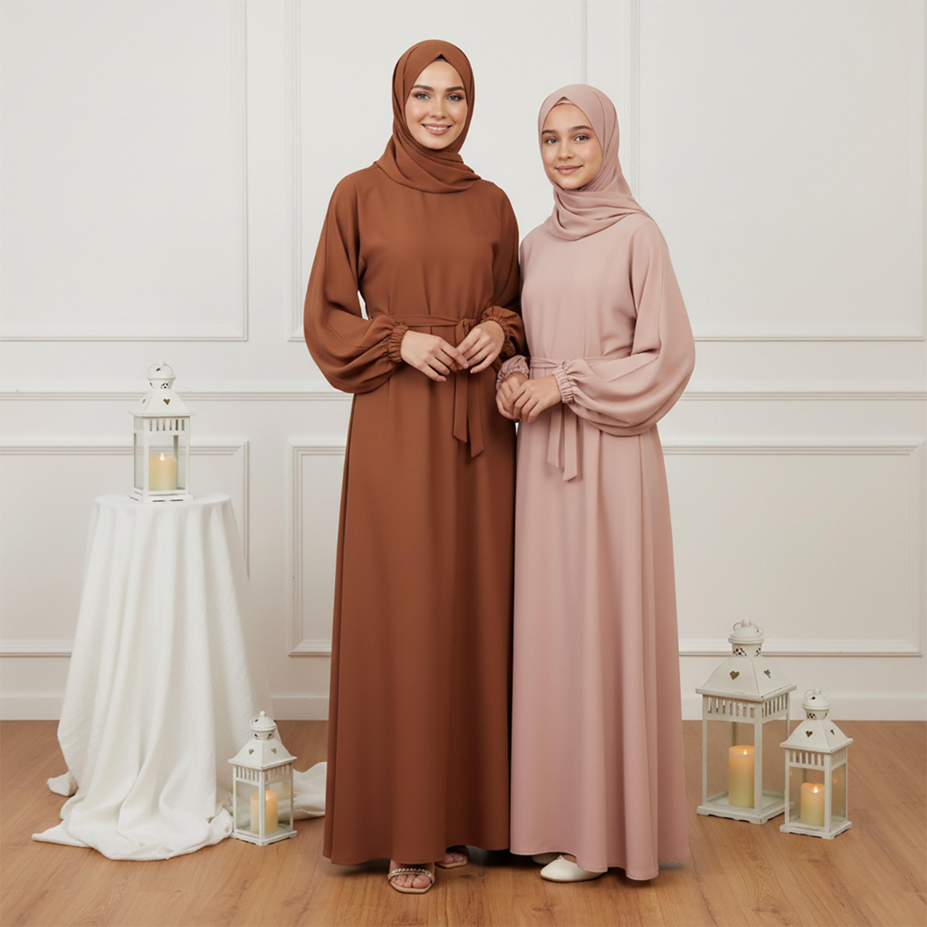 Nukhbaa Beige Balloon Sleeves Nida Girls Abaya with Hijab-girls-arabicclothing-abayas-image-2