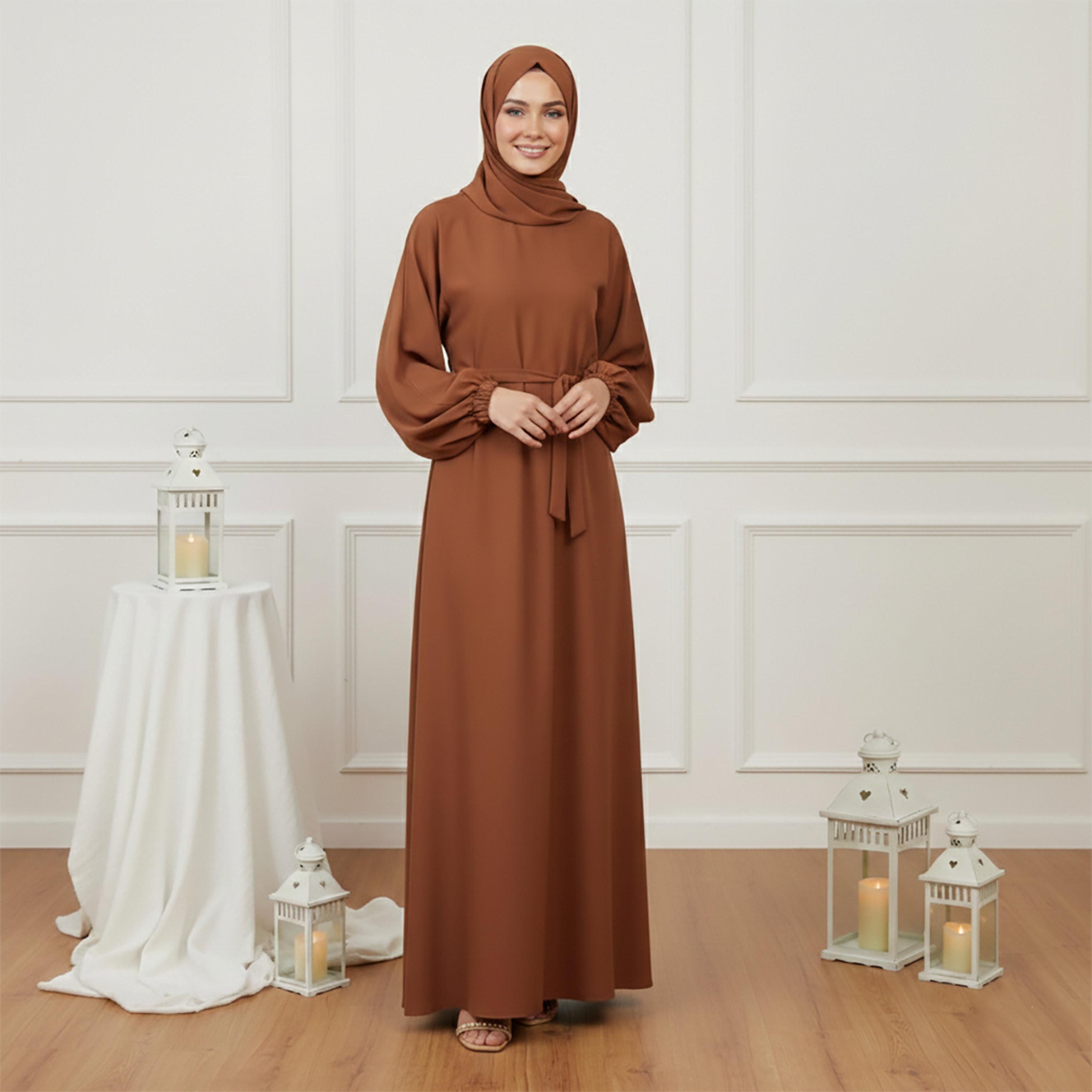 عباية نسائية قماش "ندى" بأكمام "بالون" مع حجاب - بني من نخبة-women-arabicclothing-prayerclothing-image-1