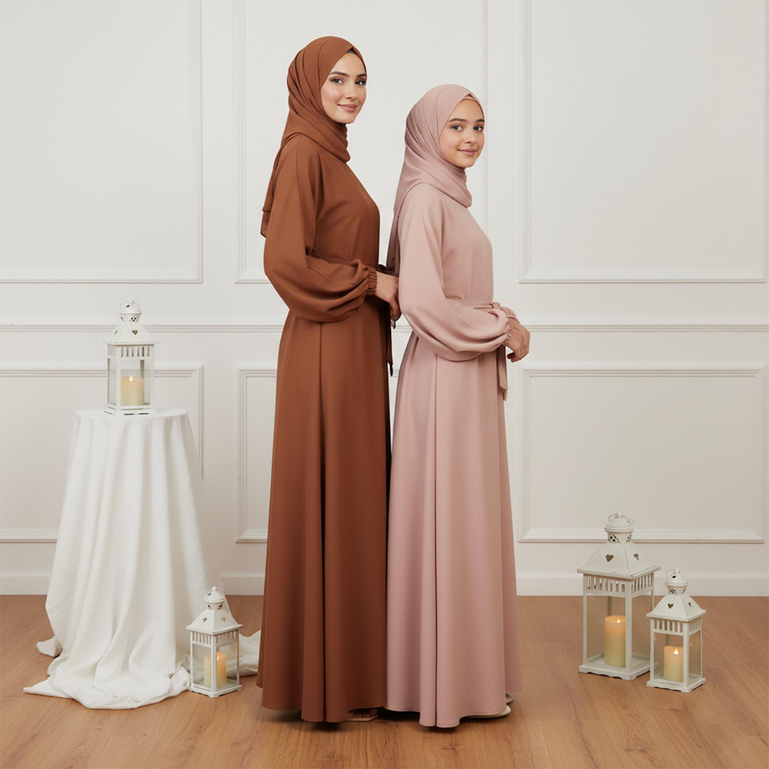 عباية نسائية قماش "ندى" بأكمام "بالون" مع حجاب - بني من نخبة-women-arabicclothing-prayerclothing-image-3