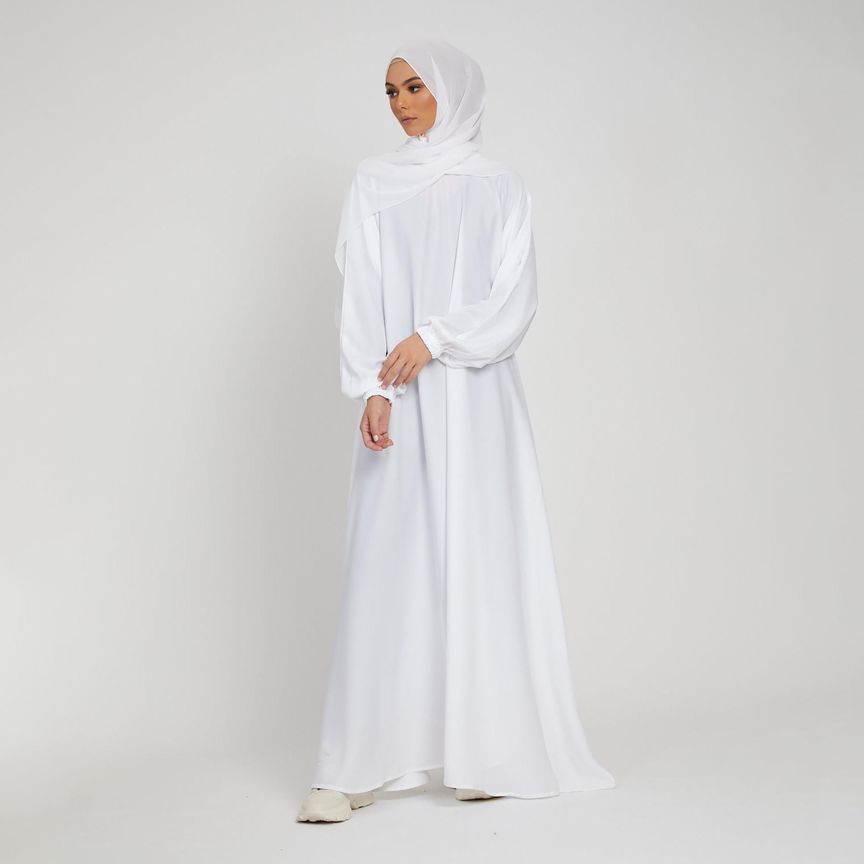 Nukhbaa White Nida Tie-Up Belted Abaya with Hijab-women-arabicclothing-abayas-image-1
