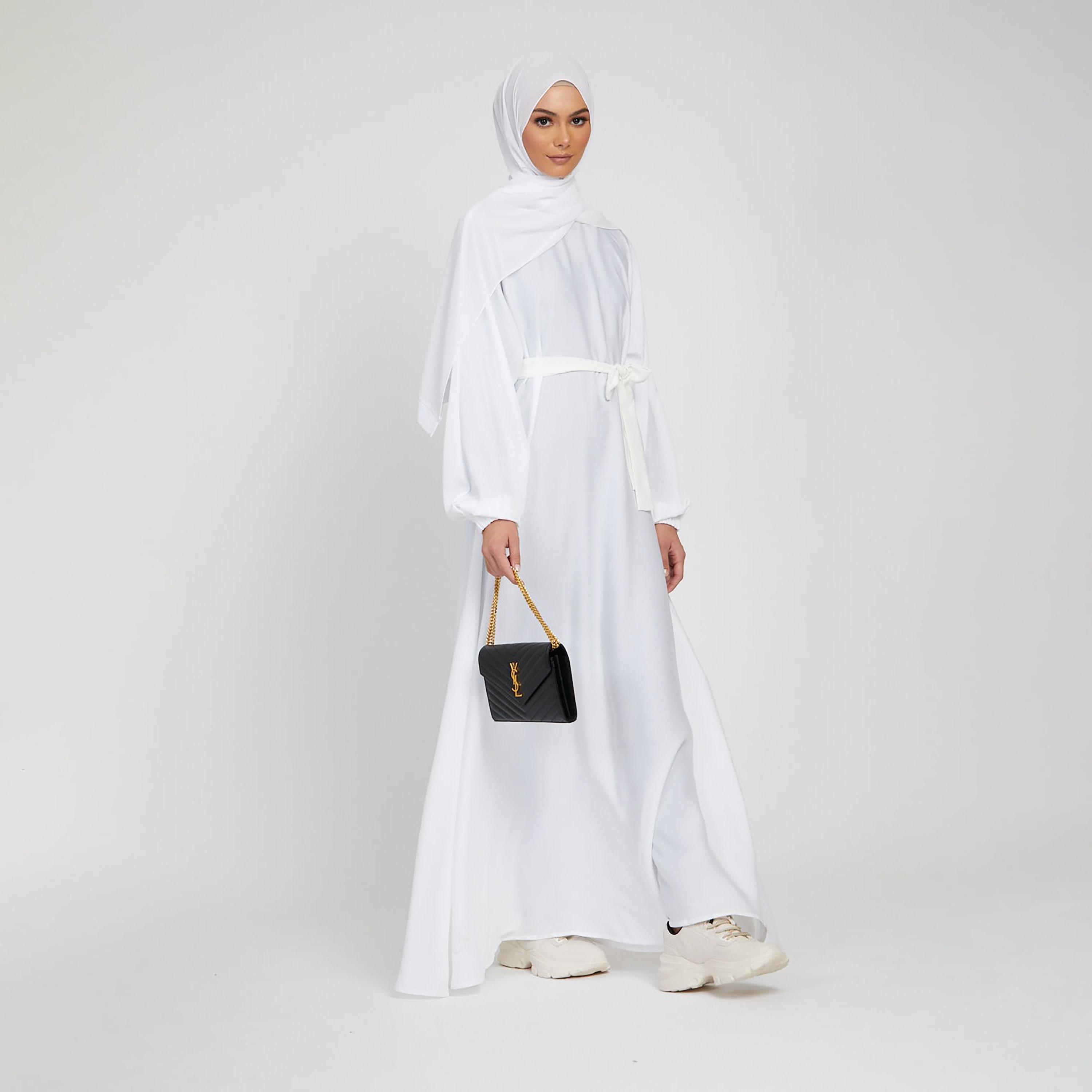 Nukhbaa White Nida Tie-Up Belted Abaya with Hijab-women-arabicclothing-abayas-image-3