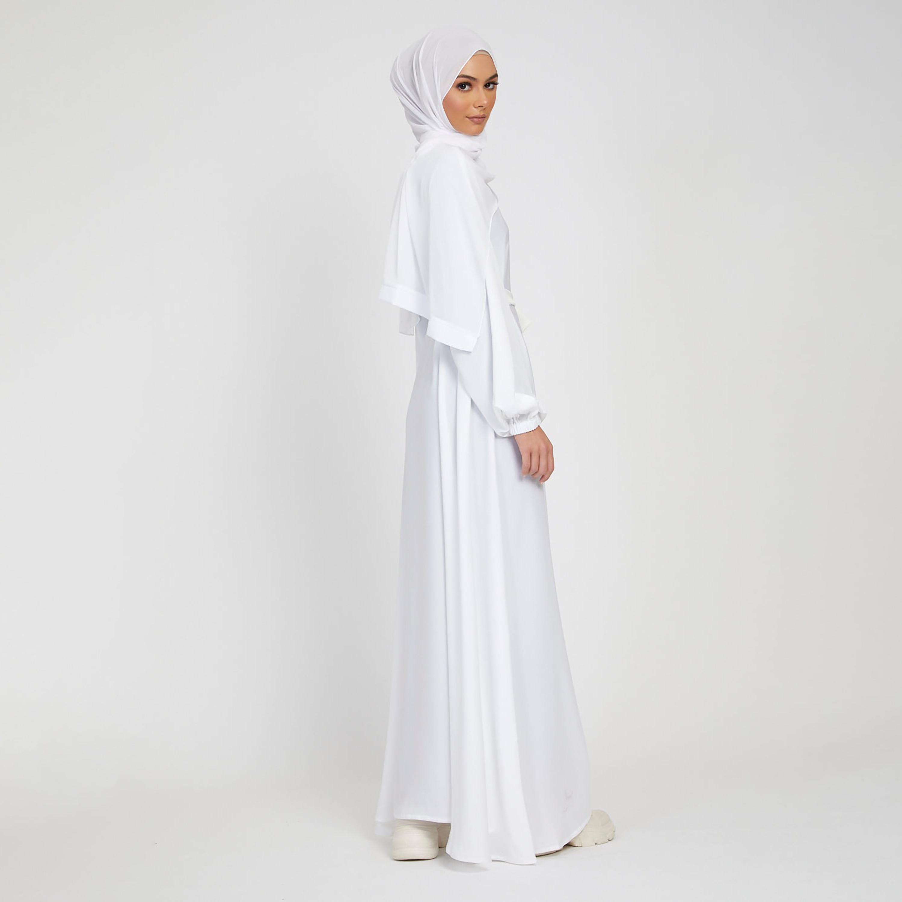 Nukhbaa White Nida Tie-Up Belted Abaya with Hijab-women-arabicclothing-abayas-image-4