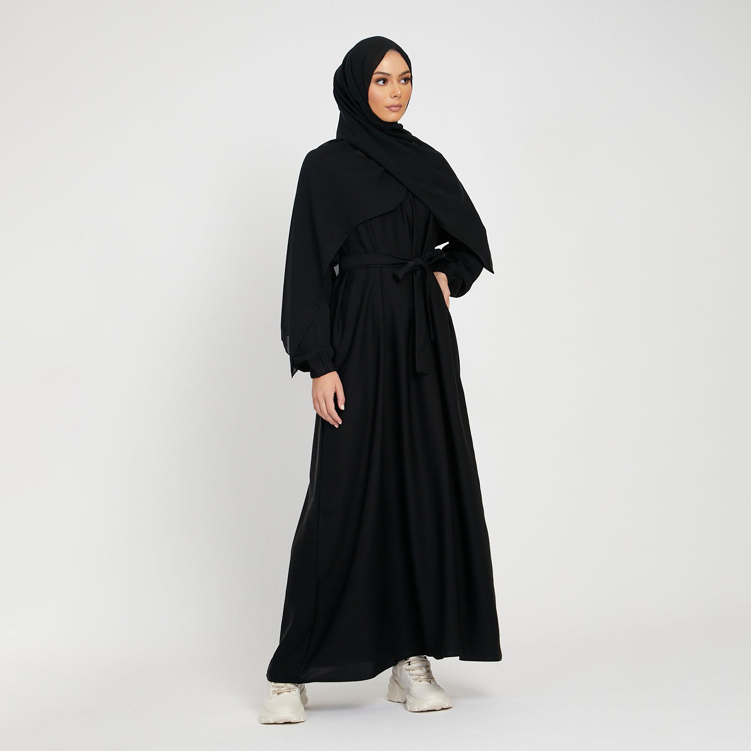 Nukhbaa Black Nida Tie-Up Belted Abaya with Hijab-women-arabicclothing-abayas-image-1