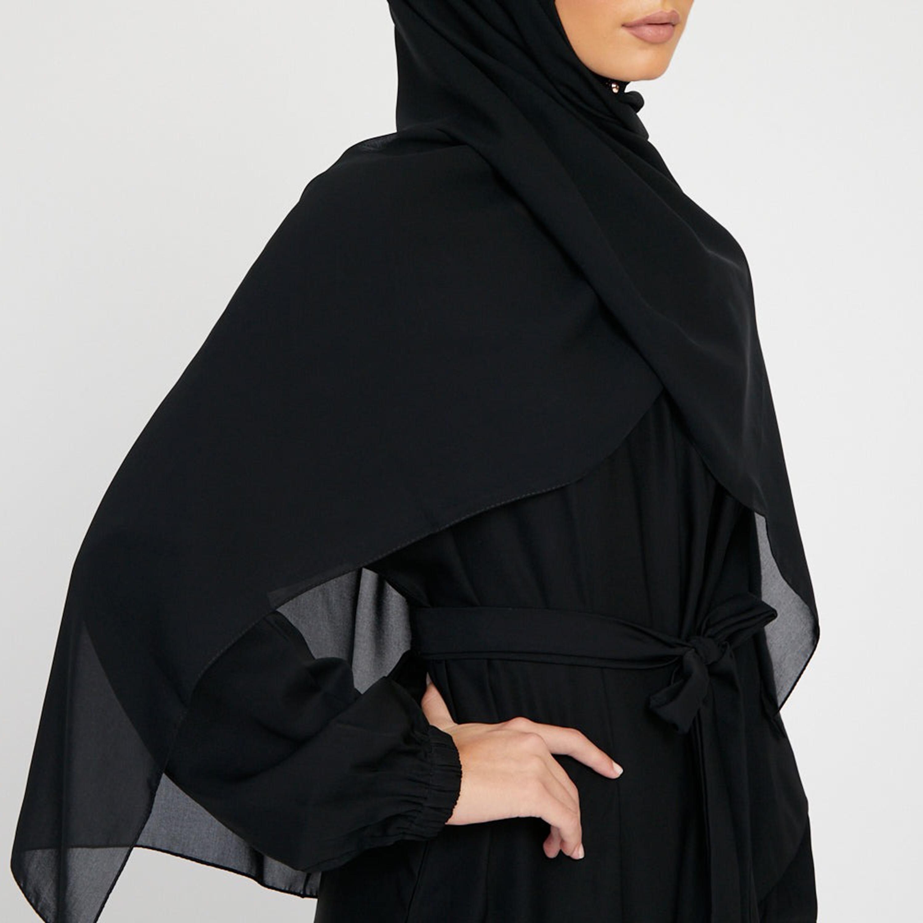 Nukhbaa Black Nida Tie-Up Belted Abaya with Hijab-women-arabicclothing-abayas-image-2