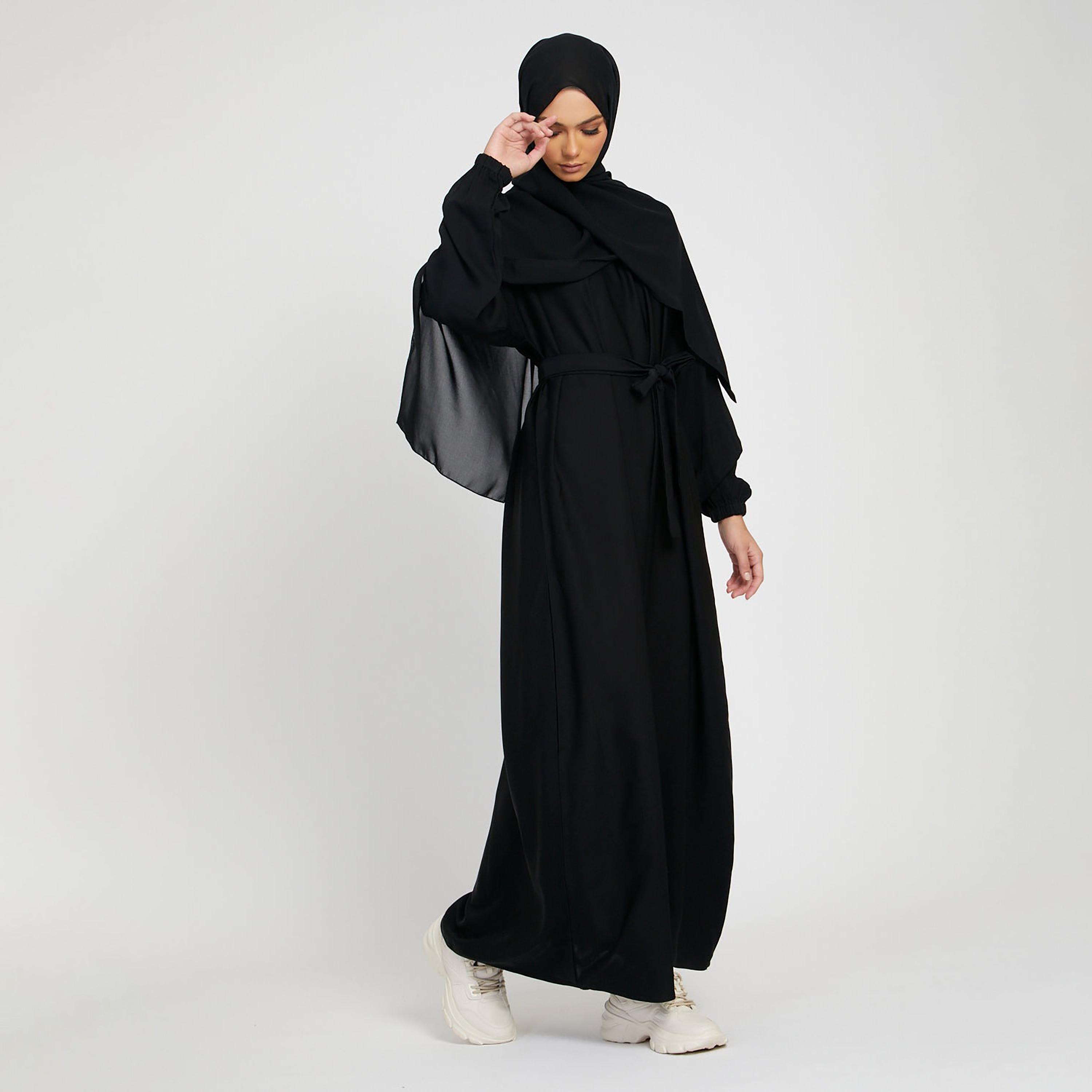 Nukhbaa Black Nida Tie-Up Belted Abaya with Hijab-women-arabicclothing-abayas-image-3