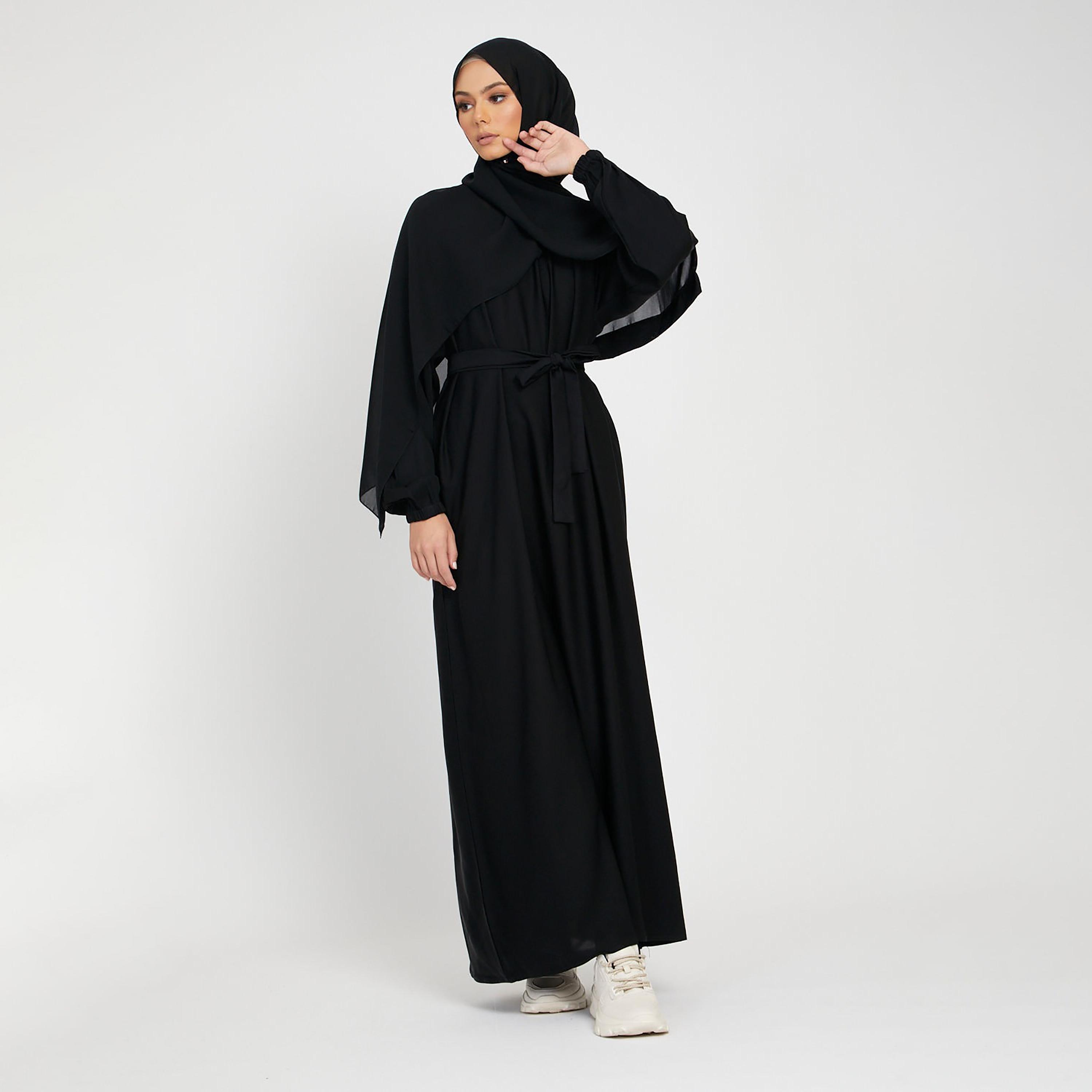 Nukhbaa Black Nida Tie-Up Belted Abaya with Hijab-women-arabicclothing-abayas-image-4