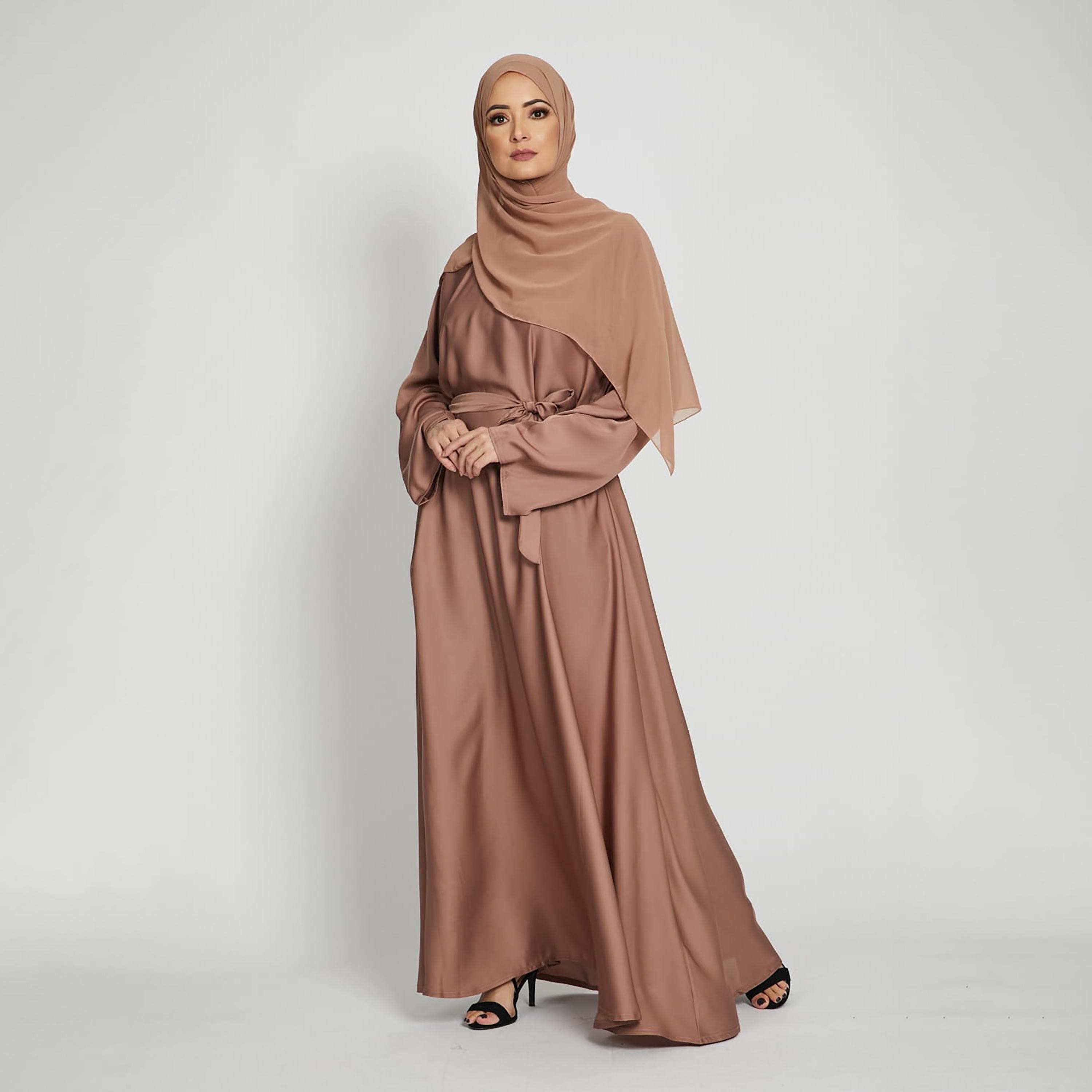 Nukhbaa Brown Nida Tie-Up Belted Abaya with Hijab-women-arabicclothing-abayas-image-1