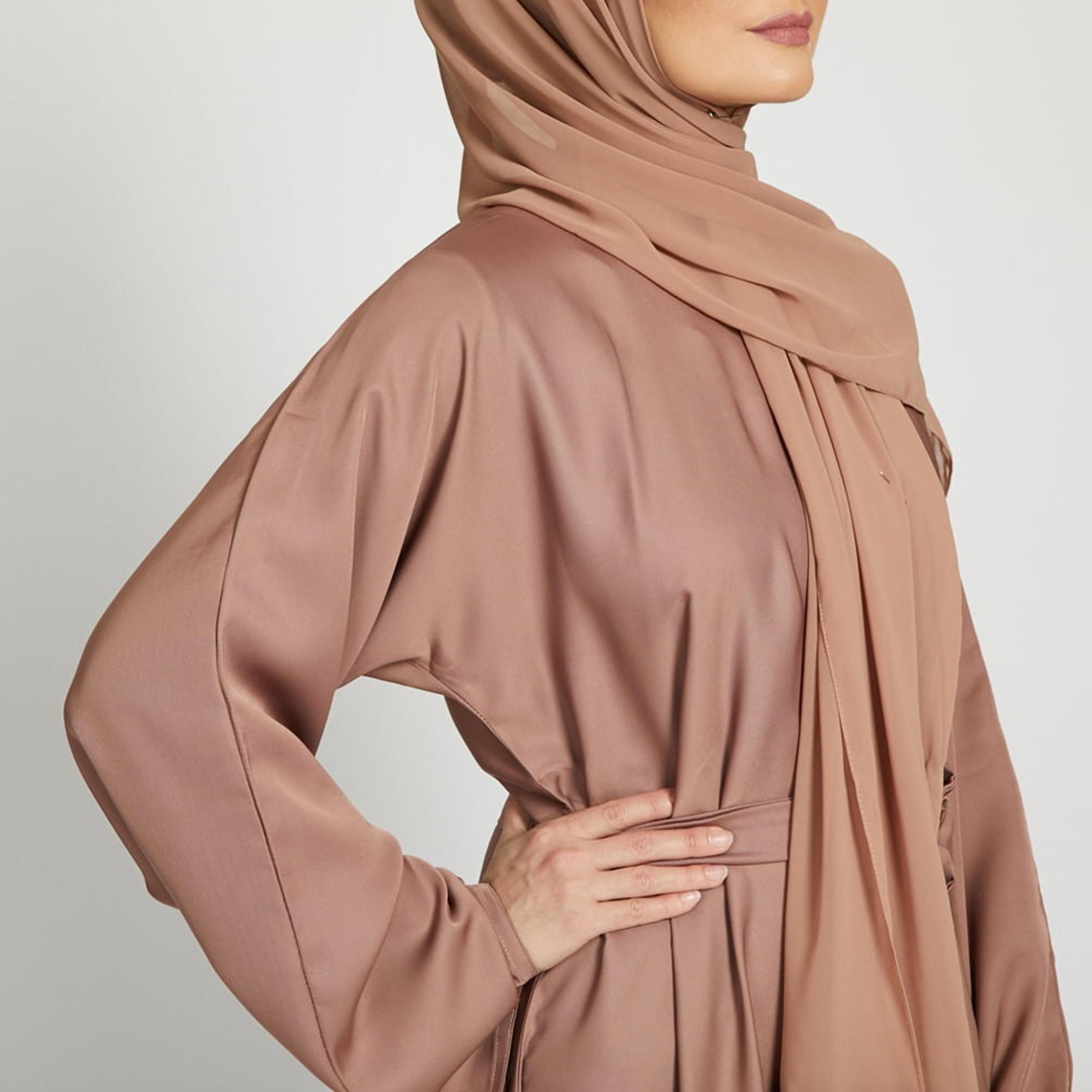 Nukhbaa Brown Nida Tie-Up Belted Abaya with Hijab-women-arabicclothing-abayas-image-2
