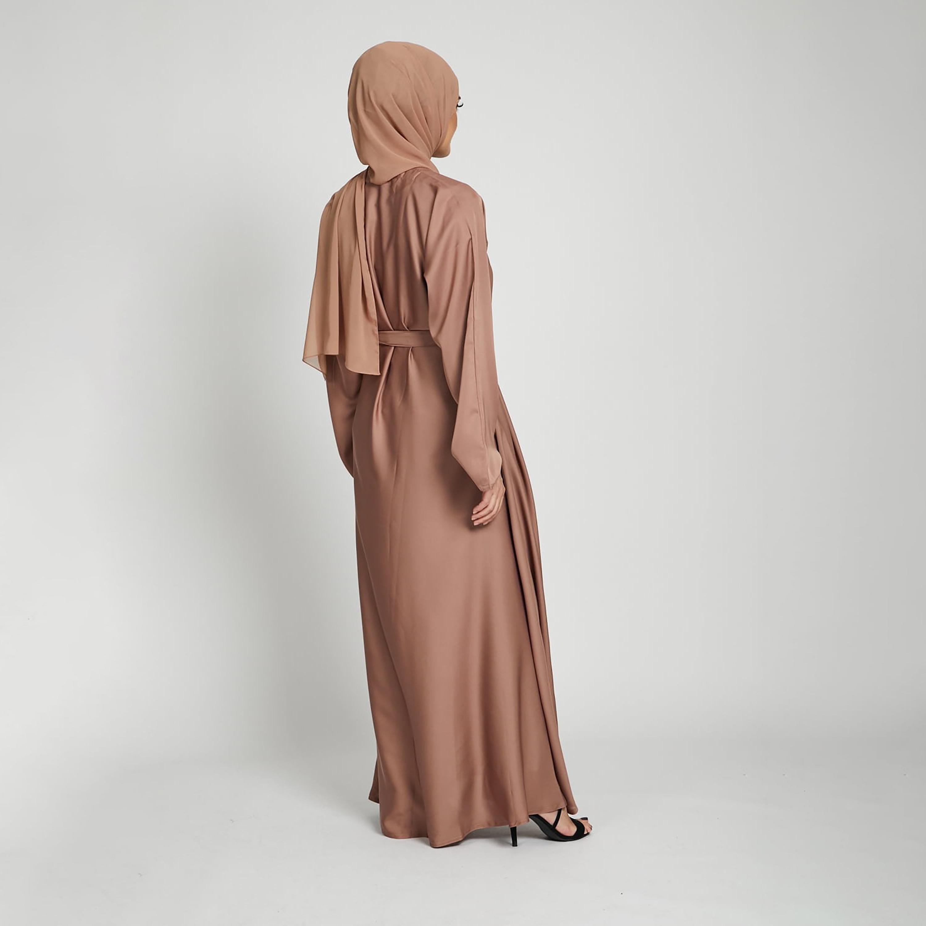 Nukhbaa Brown Nida Tie-Up Belted Abaya with Hijab-women-arabicclothing-abayas-image-4