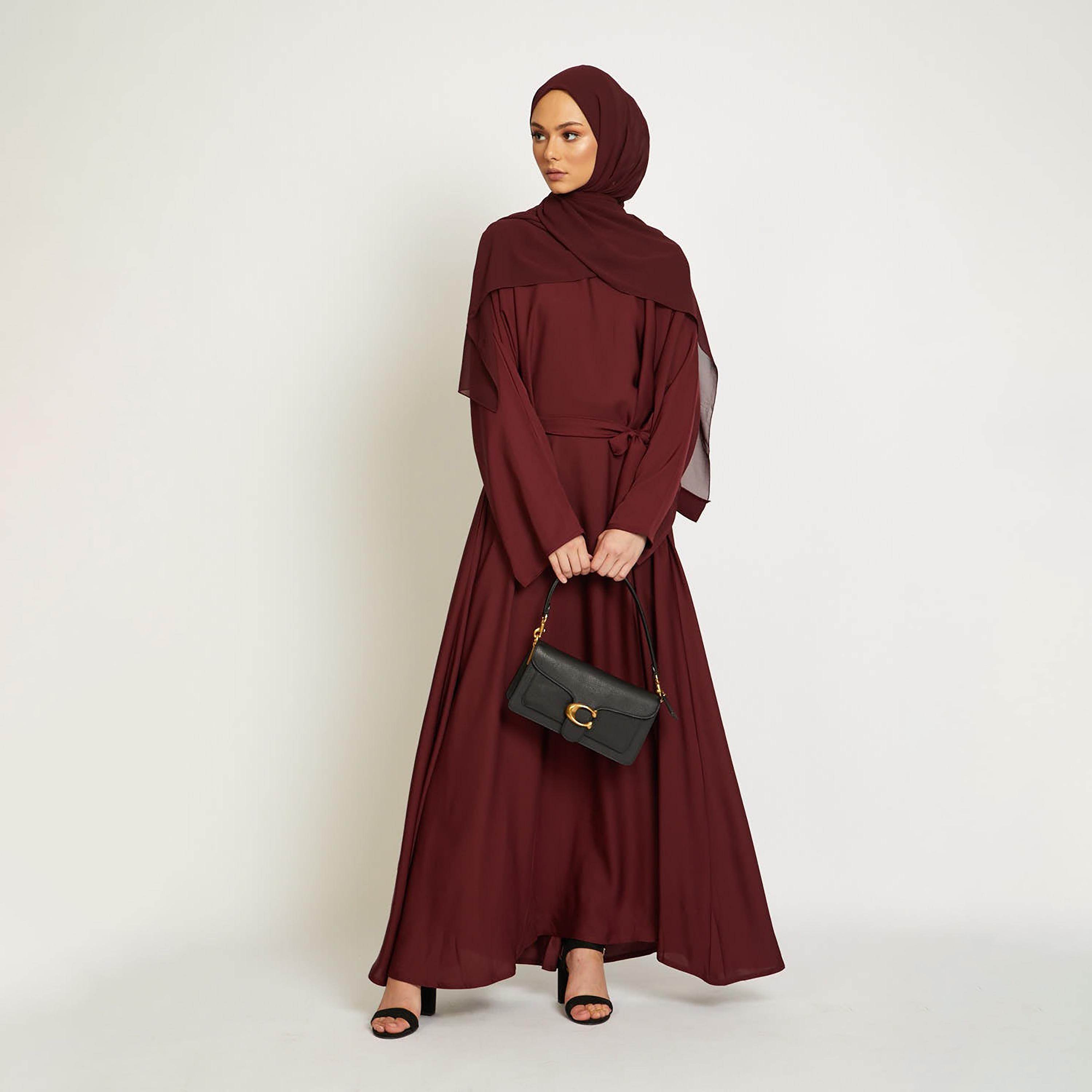 Nukhbaa Maroon Nida Tie-Up Belted Abaya with Hijab-women-arabicclothing-abayas-image-1