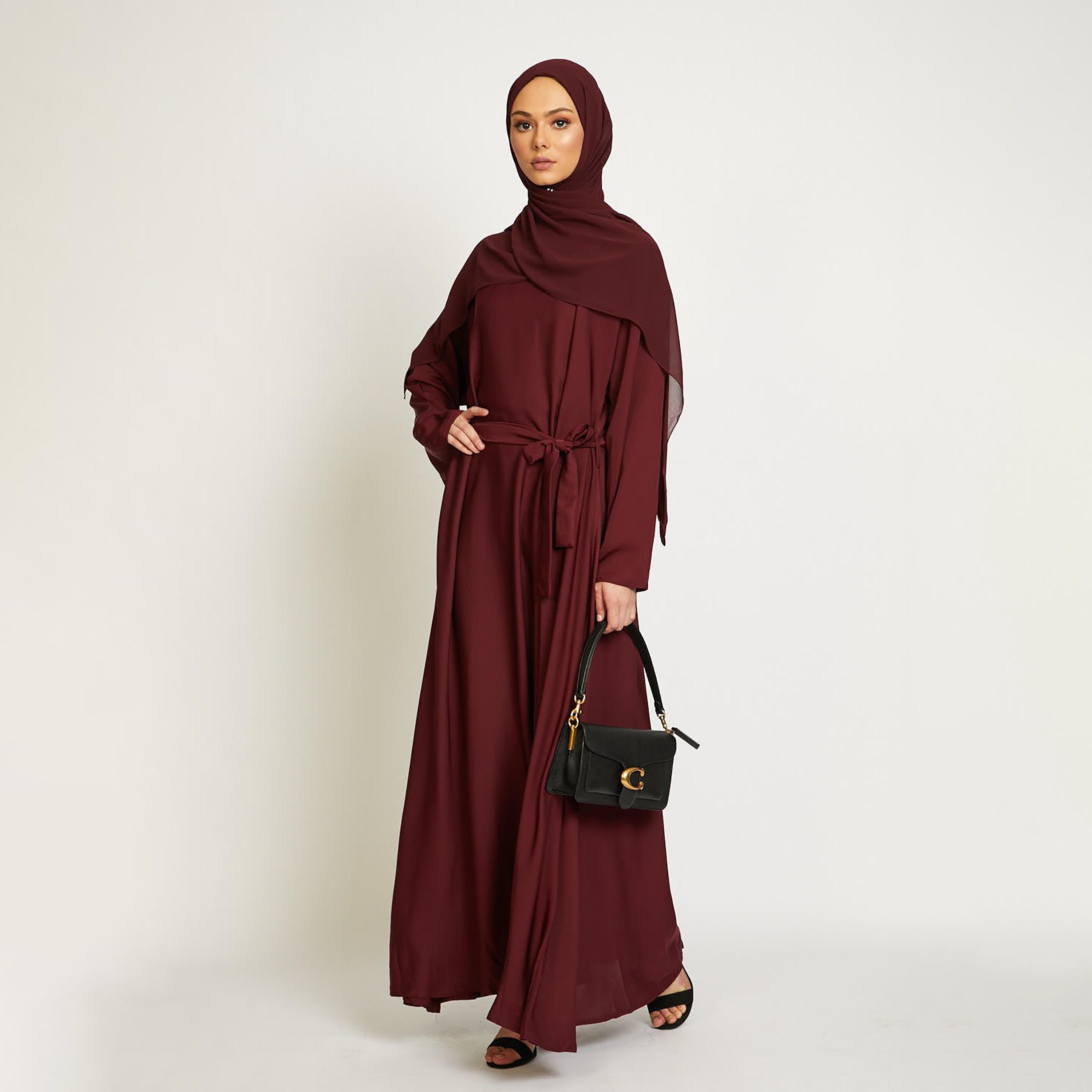 Nukhbaa Maroon Nida Tie-Up Belted Abaya with Hijab-women-arabicclothing-abayas-image-3