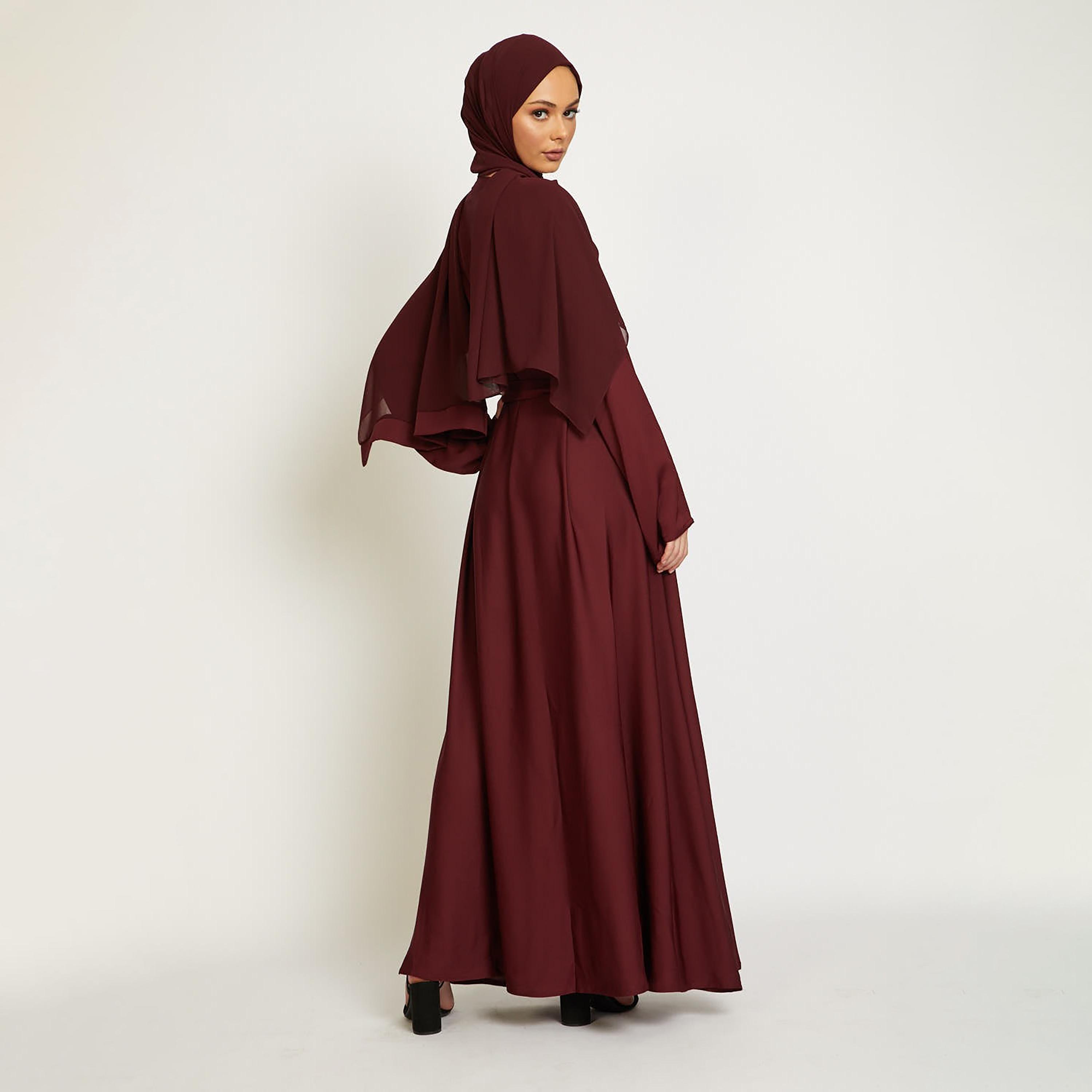 Nukhbaa Maroon Nida Tie-Up Belted Abaya with Hijab-women-arabicclothing-abayas-image-4