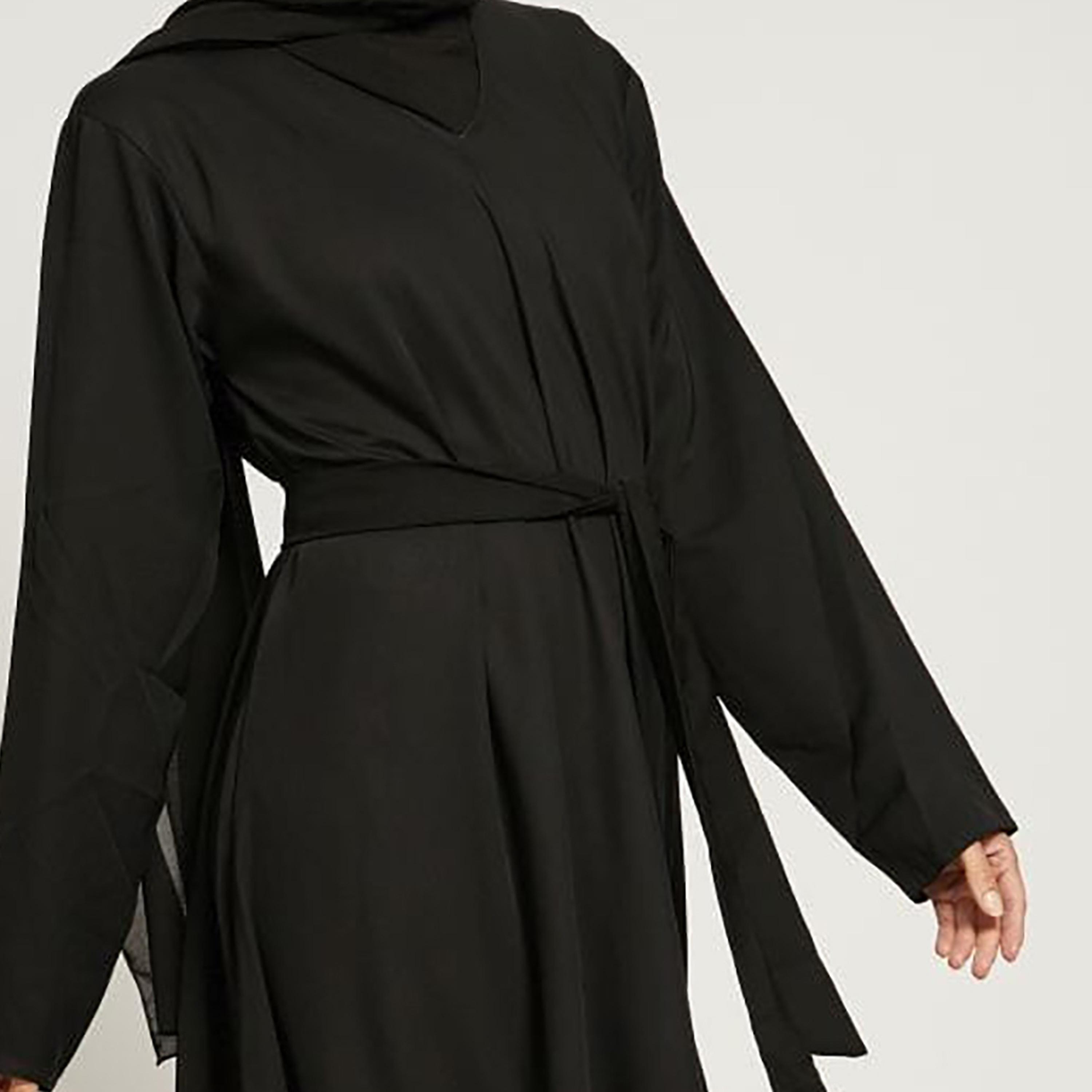 عباية ذات نيدا بلون اسود وحزام برباط من نخبه مع حجاب-women-arabicclothing-abayas-image-2