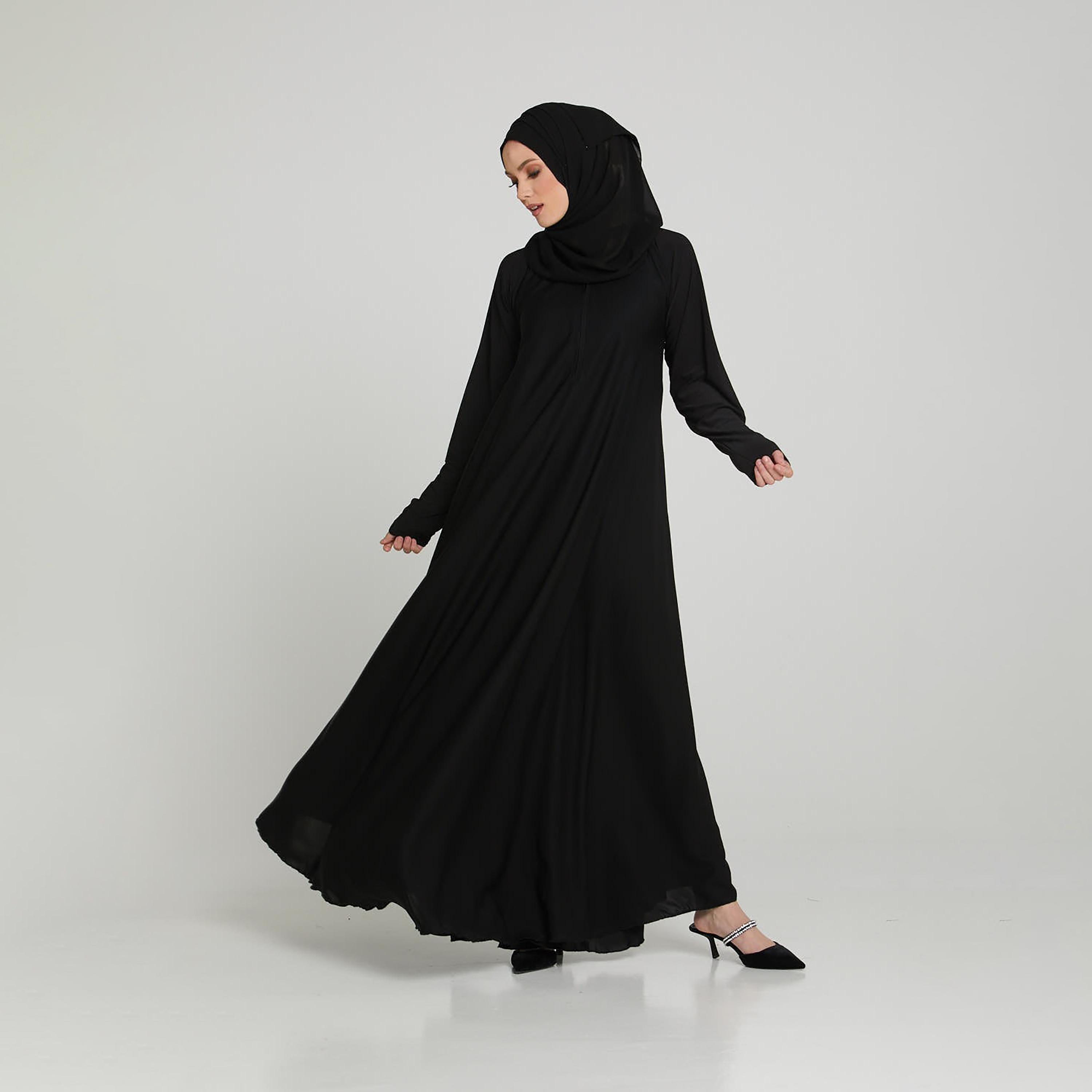 Nukhbaa Black Nida Thumbhole Sleeves Abaya with Hijab-women-arabicclothing-abayas-image-1