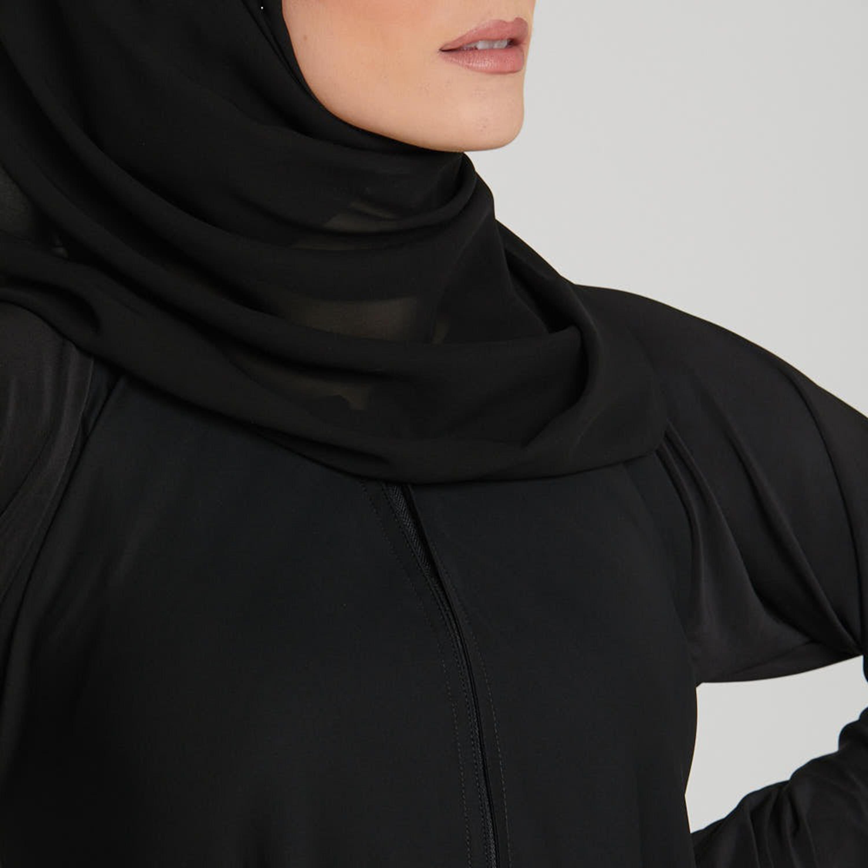 Nukhbaa Black Nida Thumbhole Sleeves Abaya with Hijab-women-arabicclothing-abayas-image-2