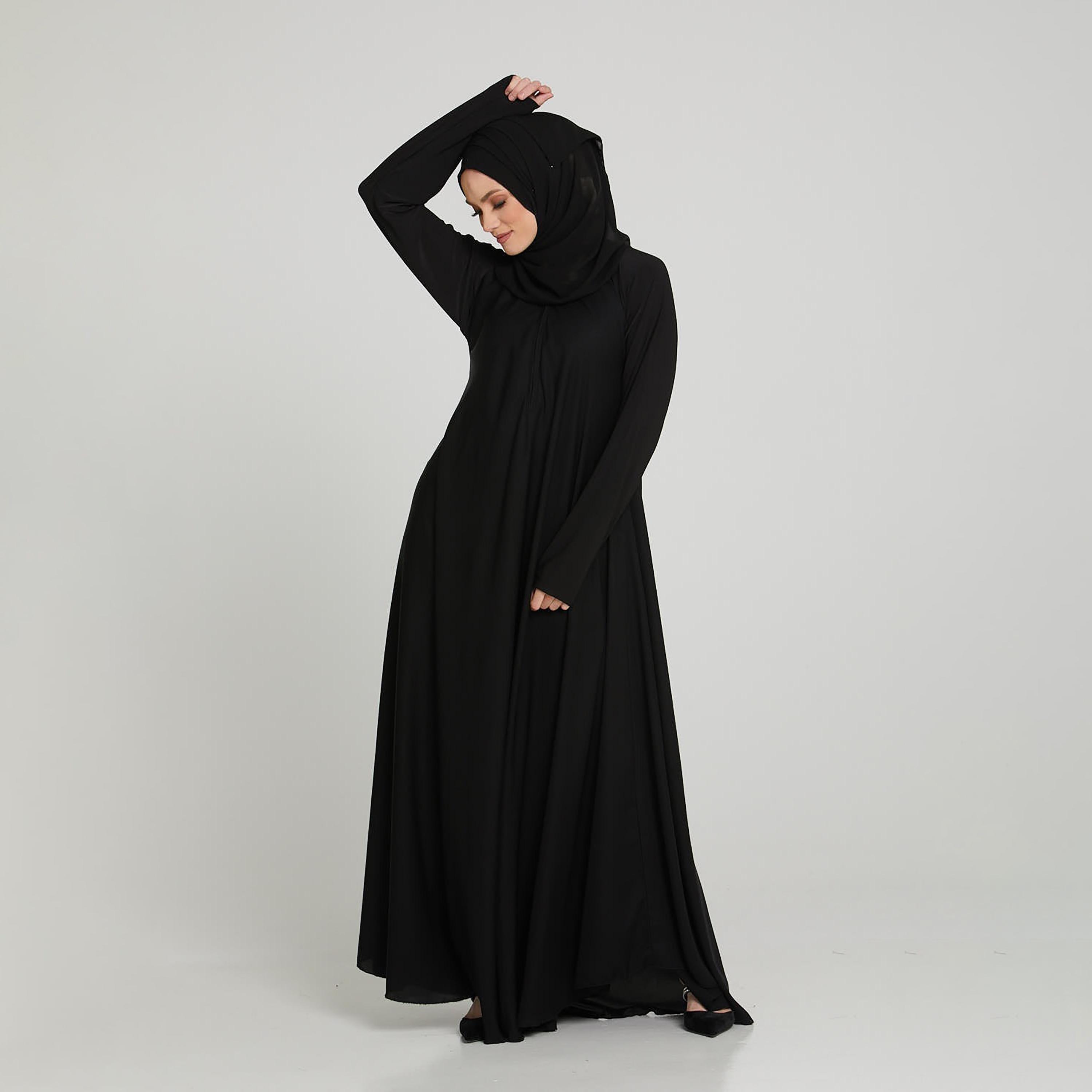 Nukhbaa Black Nida Thumbhole Sleeves Abaya with Hijab-women-arabicclothing-abayas-image-3