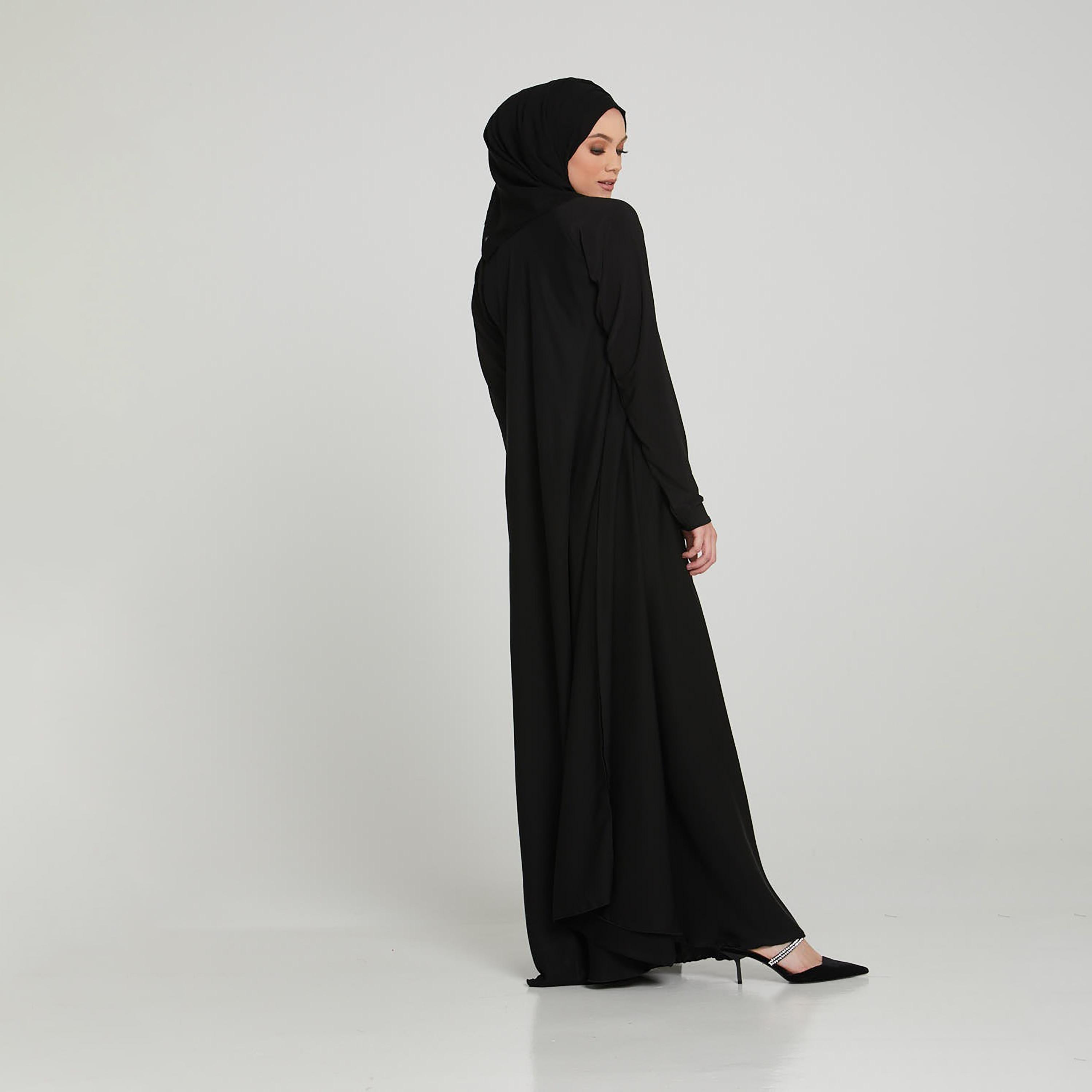 Nukhbaa Black Nida Thumbhole Sleeves Abaya with Hijab-women-arabicclothing-abayas-image-4