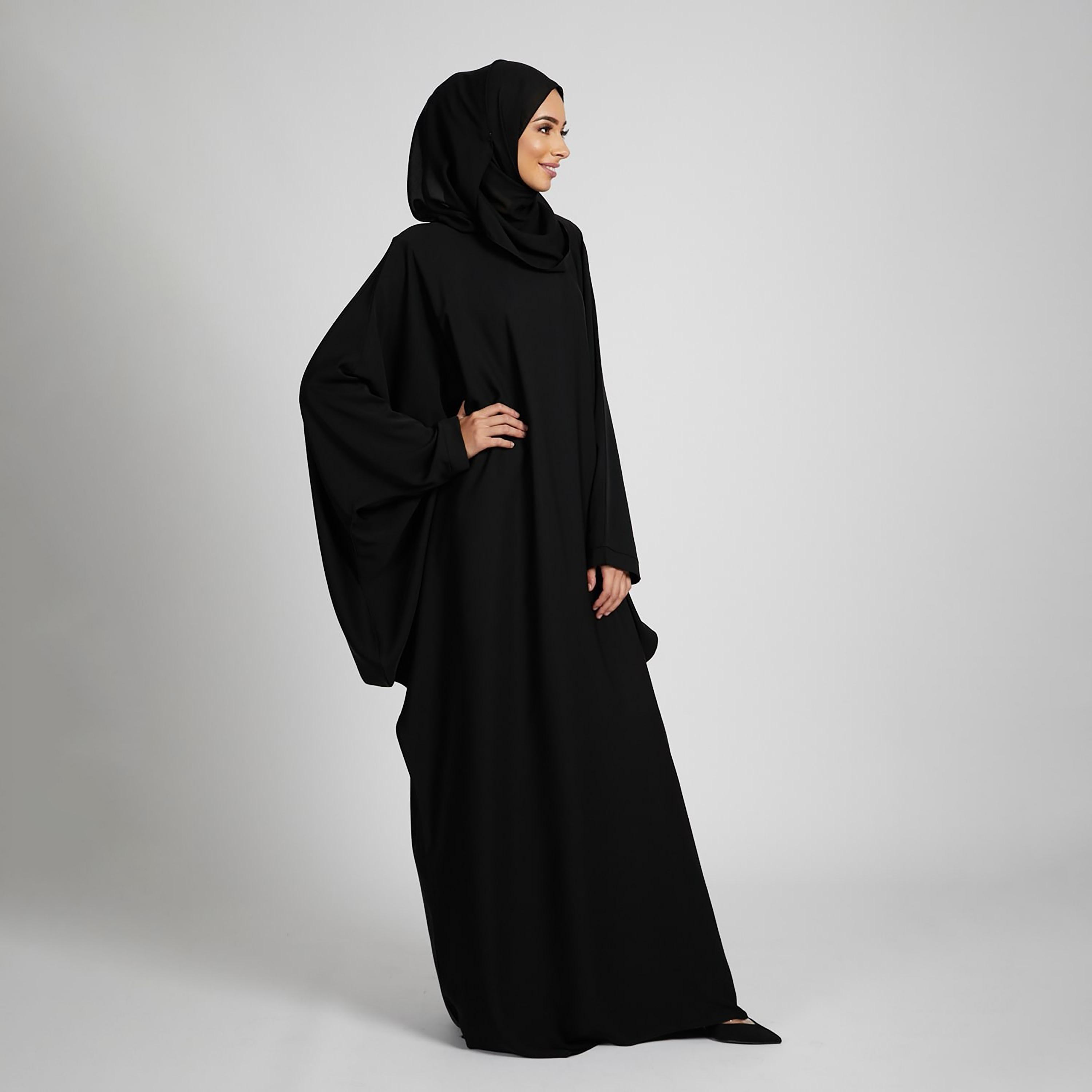 Nukhbaa Black Nida Butterfly Abaya with Hijab-women-arabicclothing-prayerclothing-image-3
