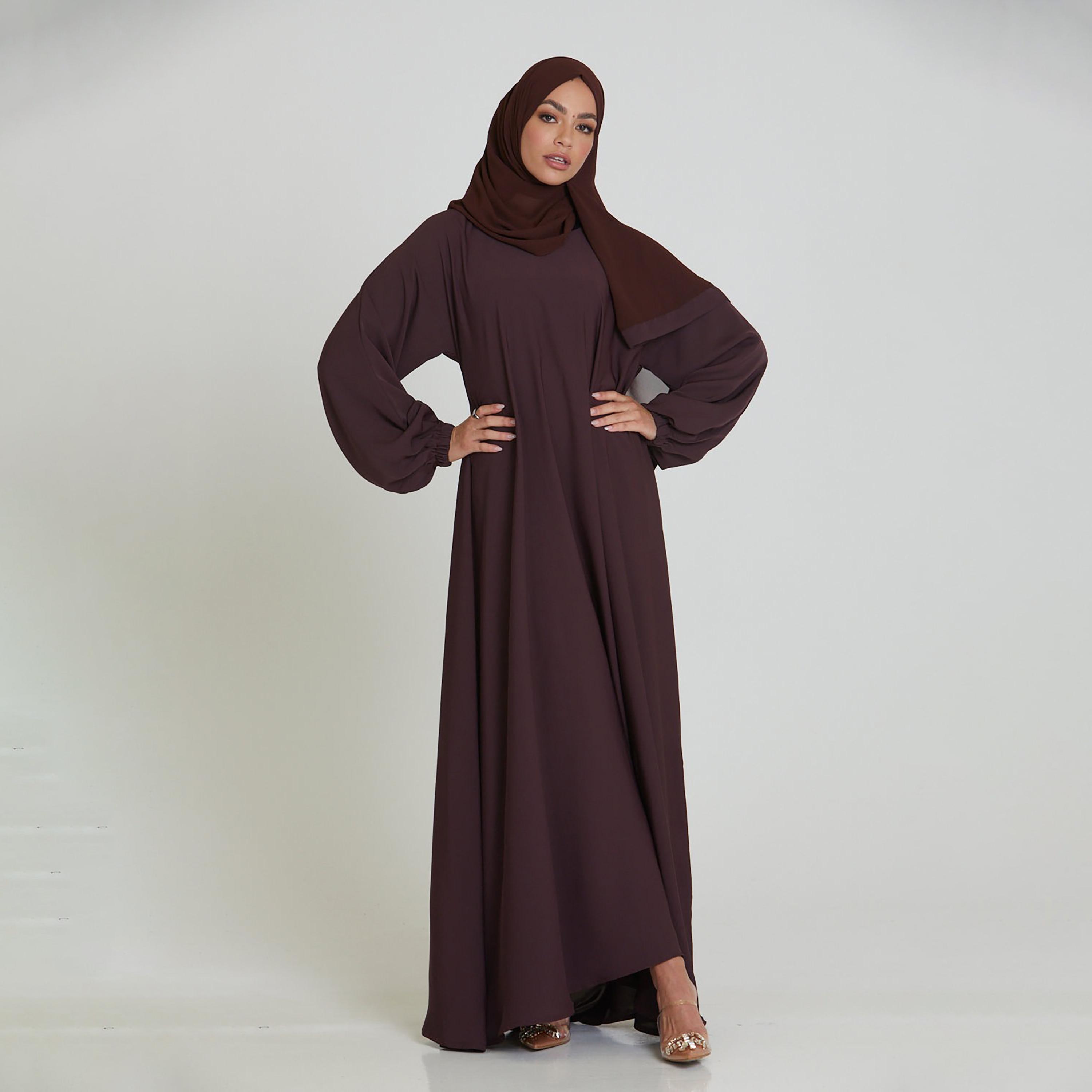 Nukhbaa Brown Nida Tie-Up Belted Abaya with Hijab-women-arabicclothing-abayas-image-1