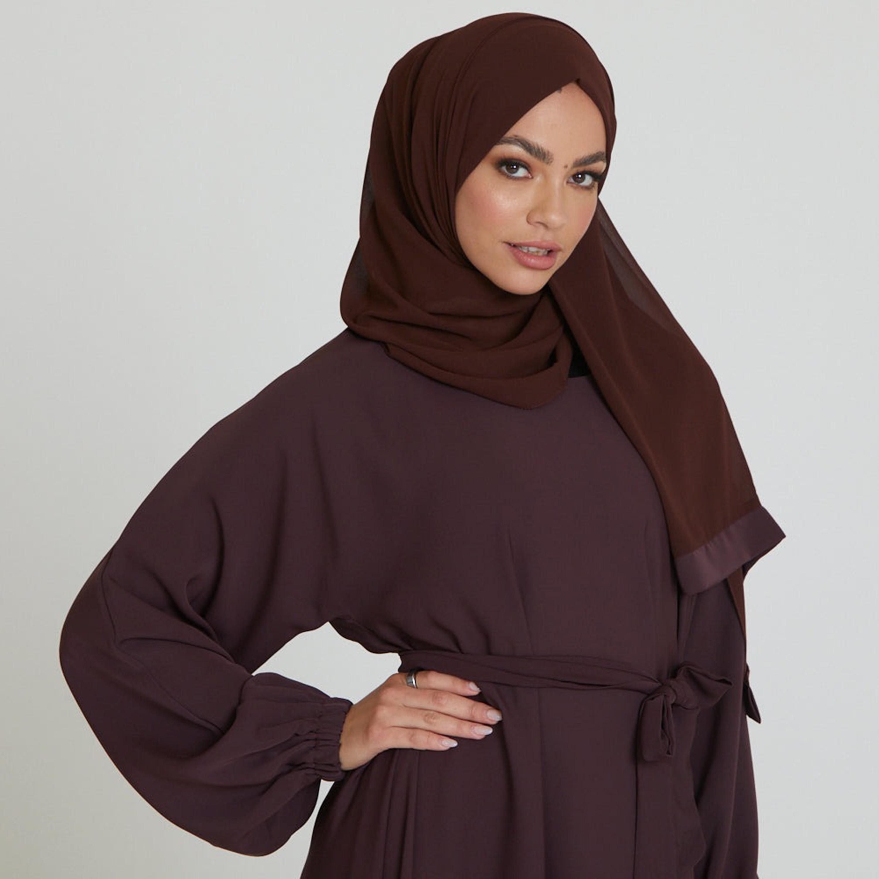 Nukhbaa Brown Nida Tie-Up Belted Abaya with Hijab-women-arabicclothing-abayas-image-2