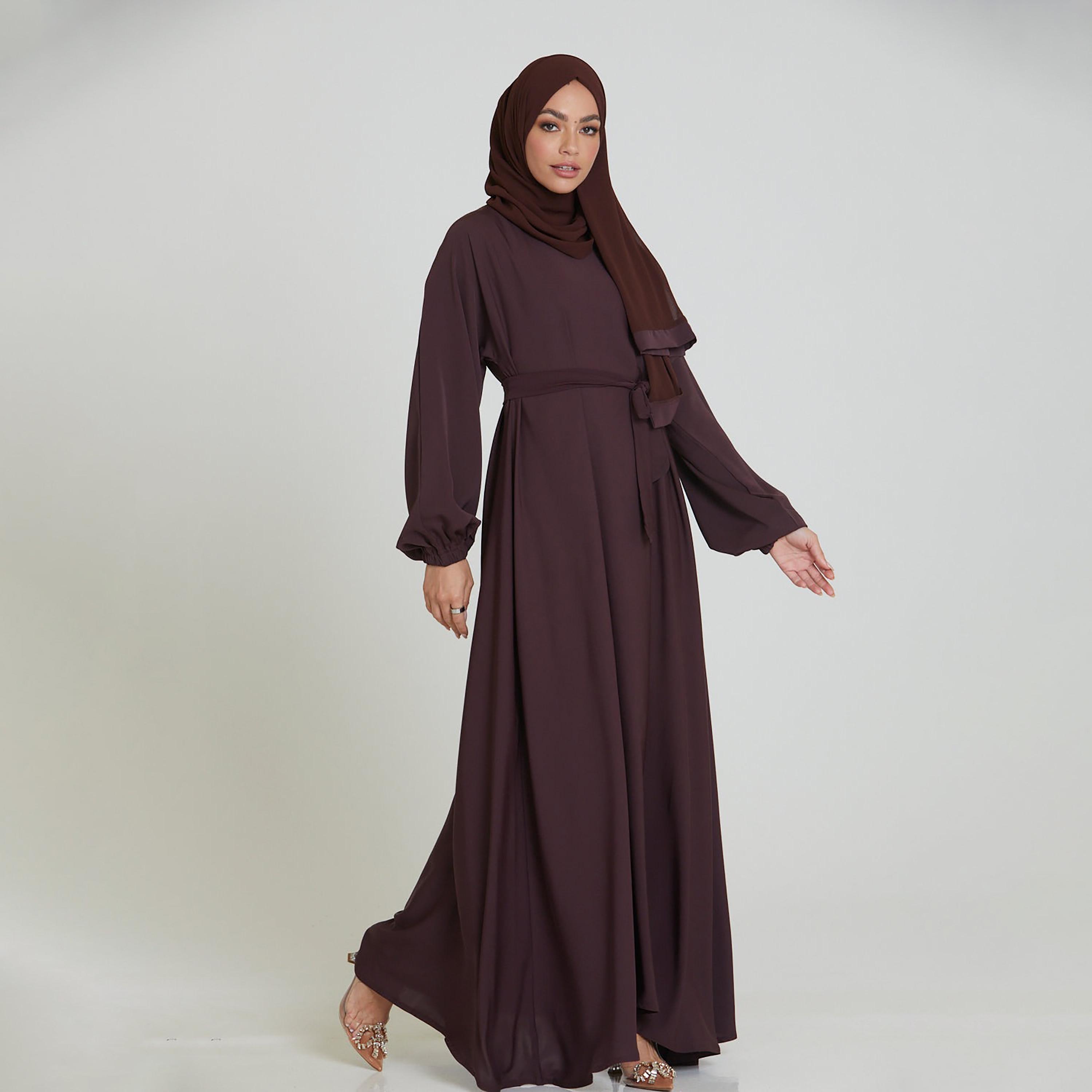 Nukhbaa Brown Nida Tie-Up Belted Abaya with Hijab-women-arabicclothing-abayas-image-3