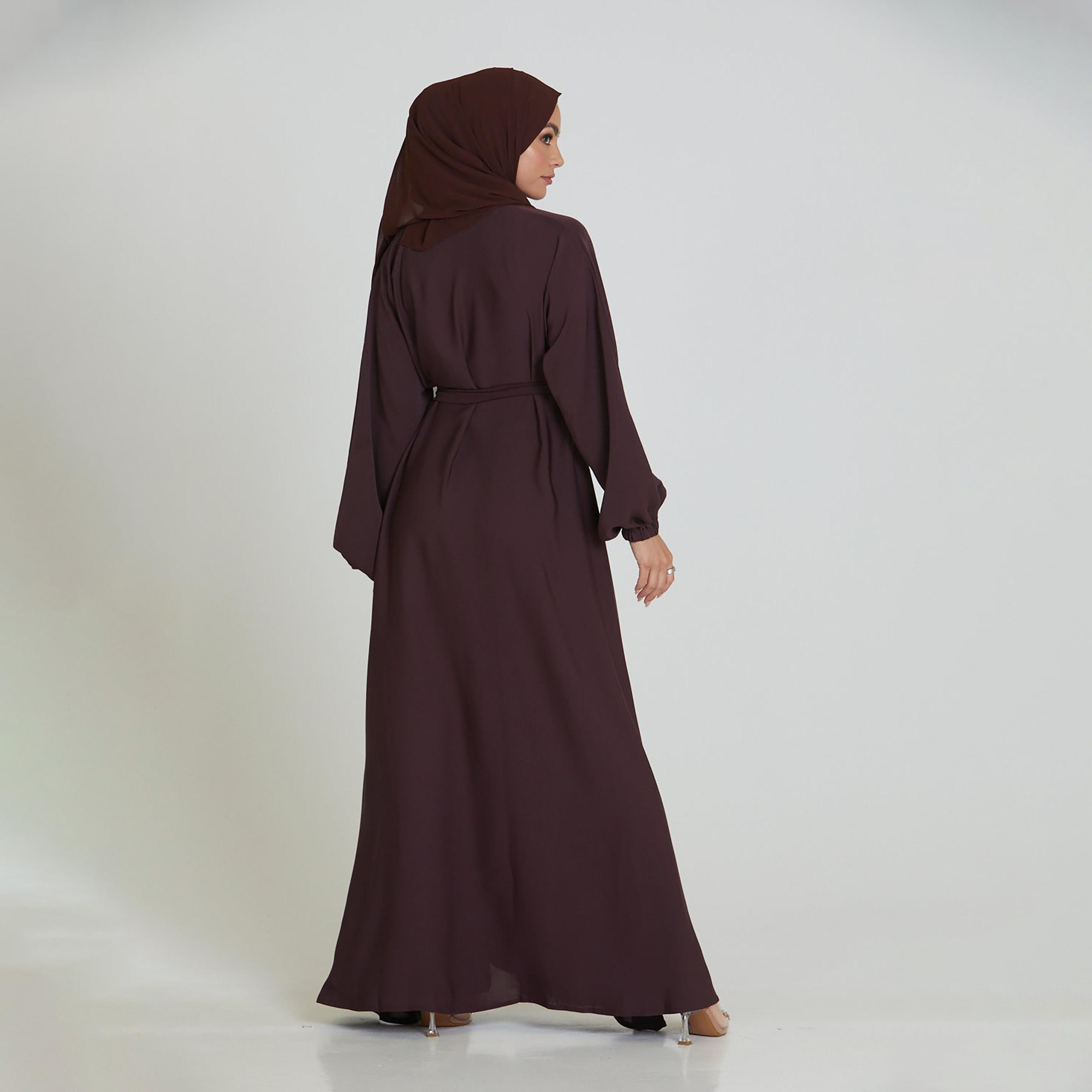 Nukhbaa Brown Nida Tie-Up Belted Abaya with Hijab-women-arabicclothing-abayas-image-4