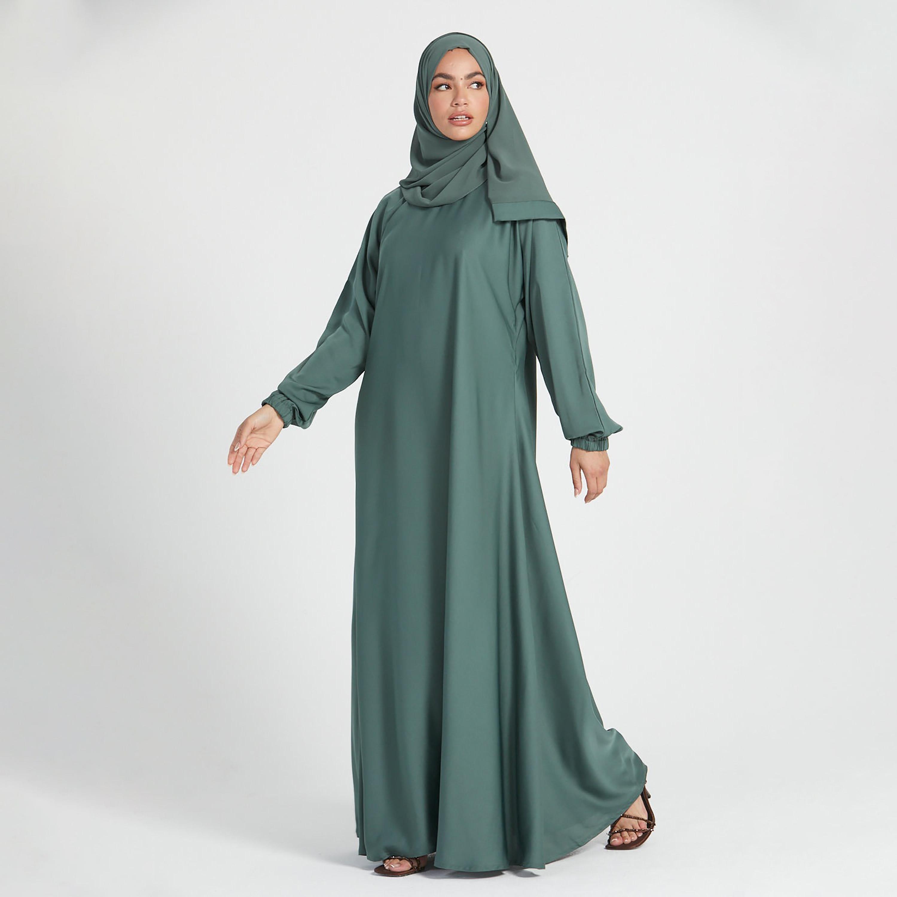 Nukhbaa Green Nida Tie-Up Belted Abaya with Hijab-women-arabicclothing-abayas-image-1