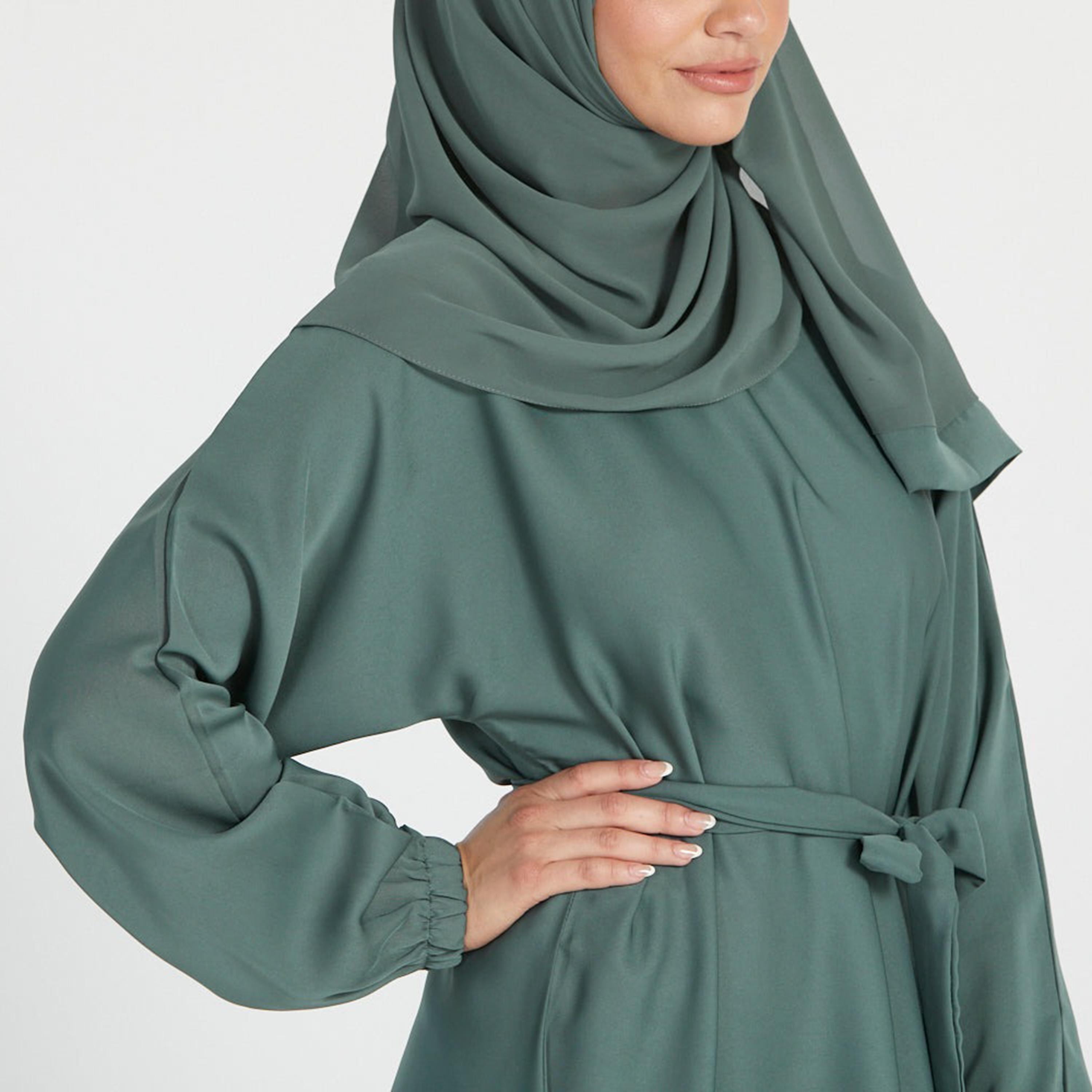 Nukhbaa Green Nida Tie-Up Belted Abaya with Hijab-women-arabicclothing-abayas-image-2