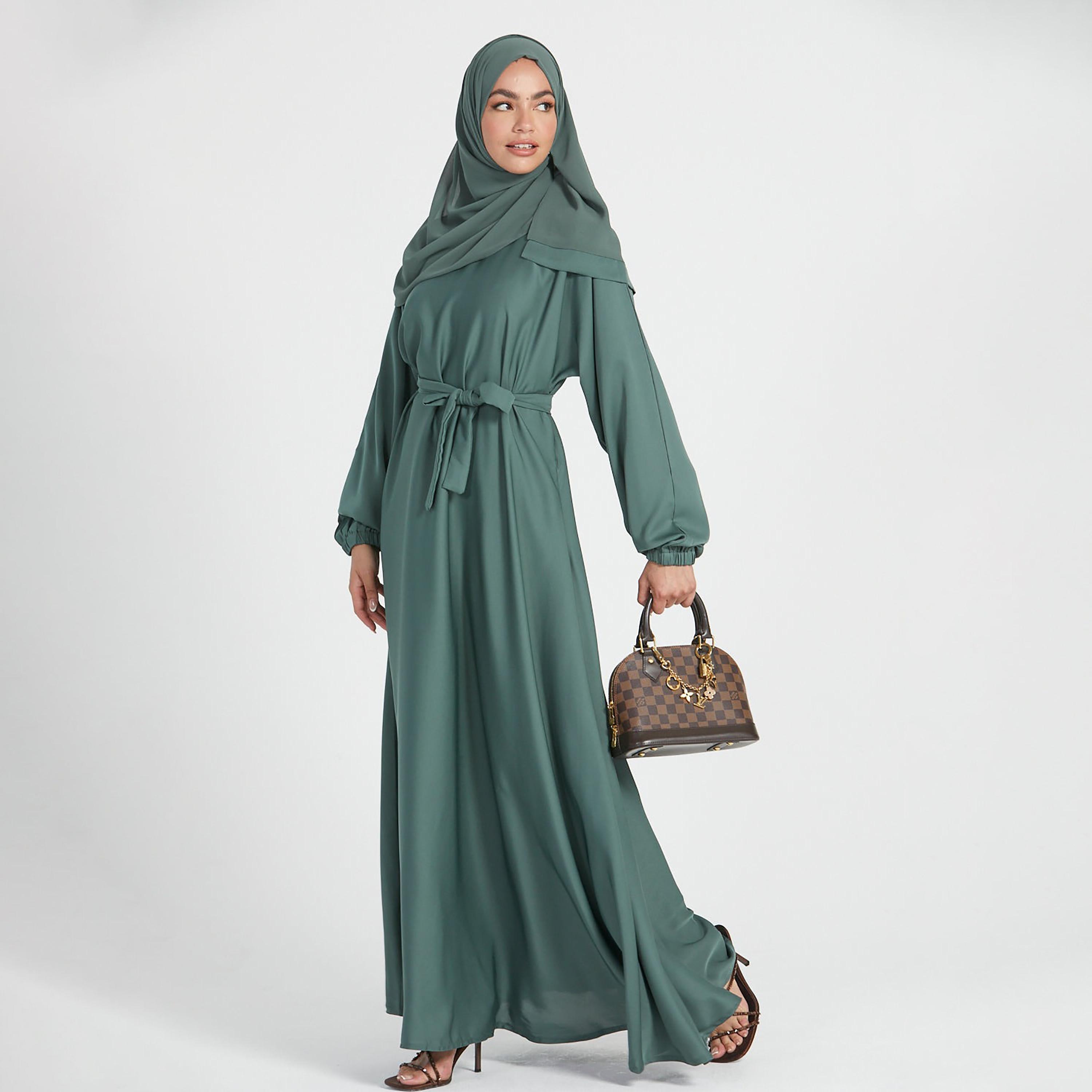 Nukhbaa Green Nida Tie-Up Belted Abaya with Hijab-women-arabicclothing-abayas-image-3