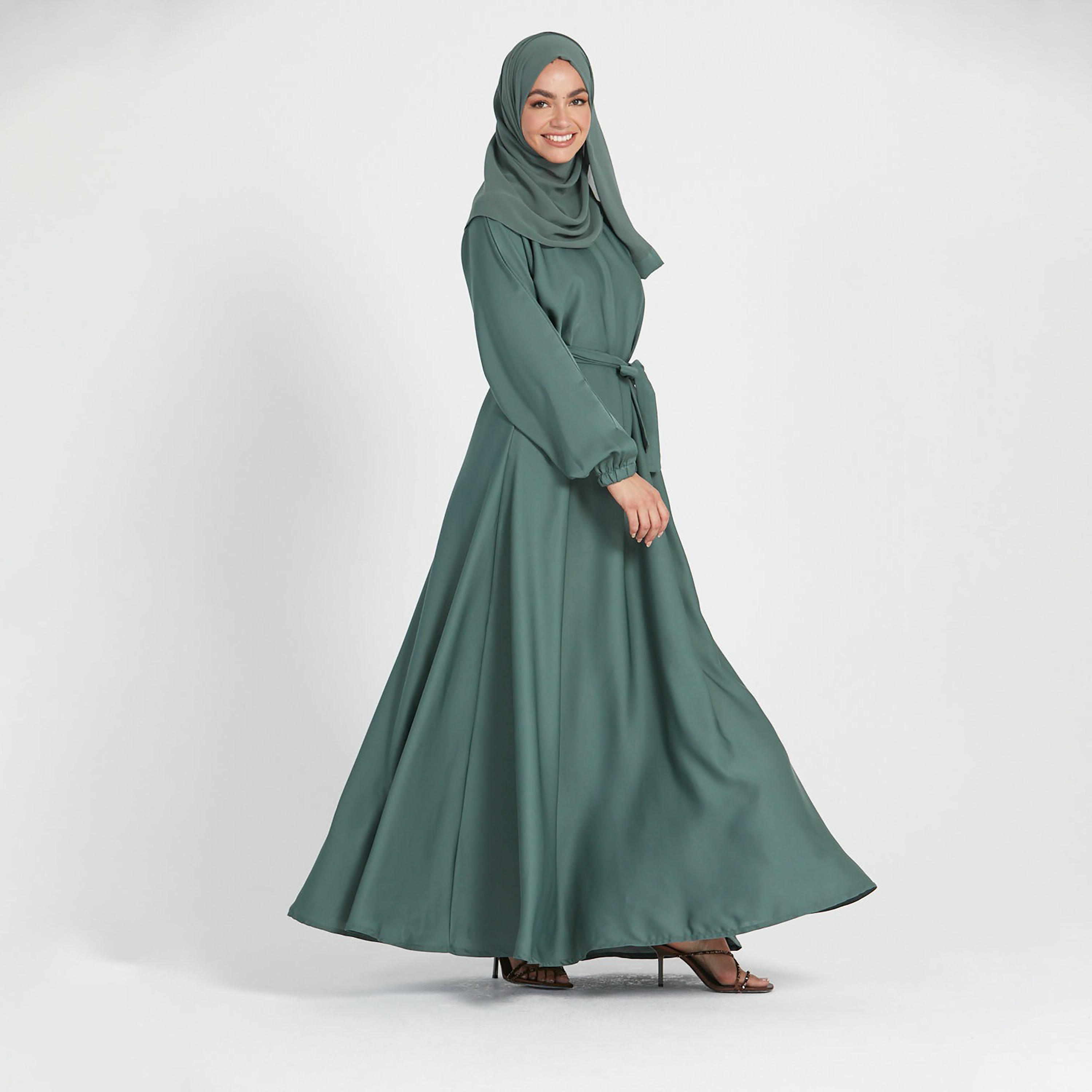 Nukhbaa Green Nida Tie-Up Belted Abaya with Hijab-women-arabicclothing-abayas-image-4