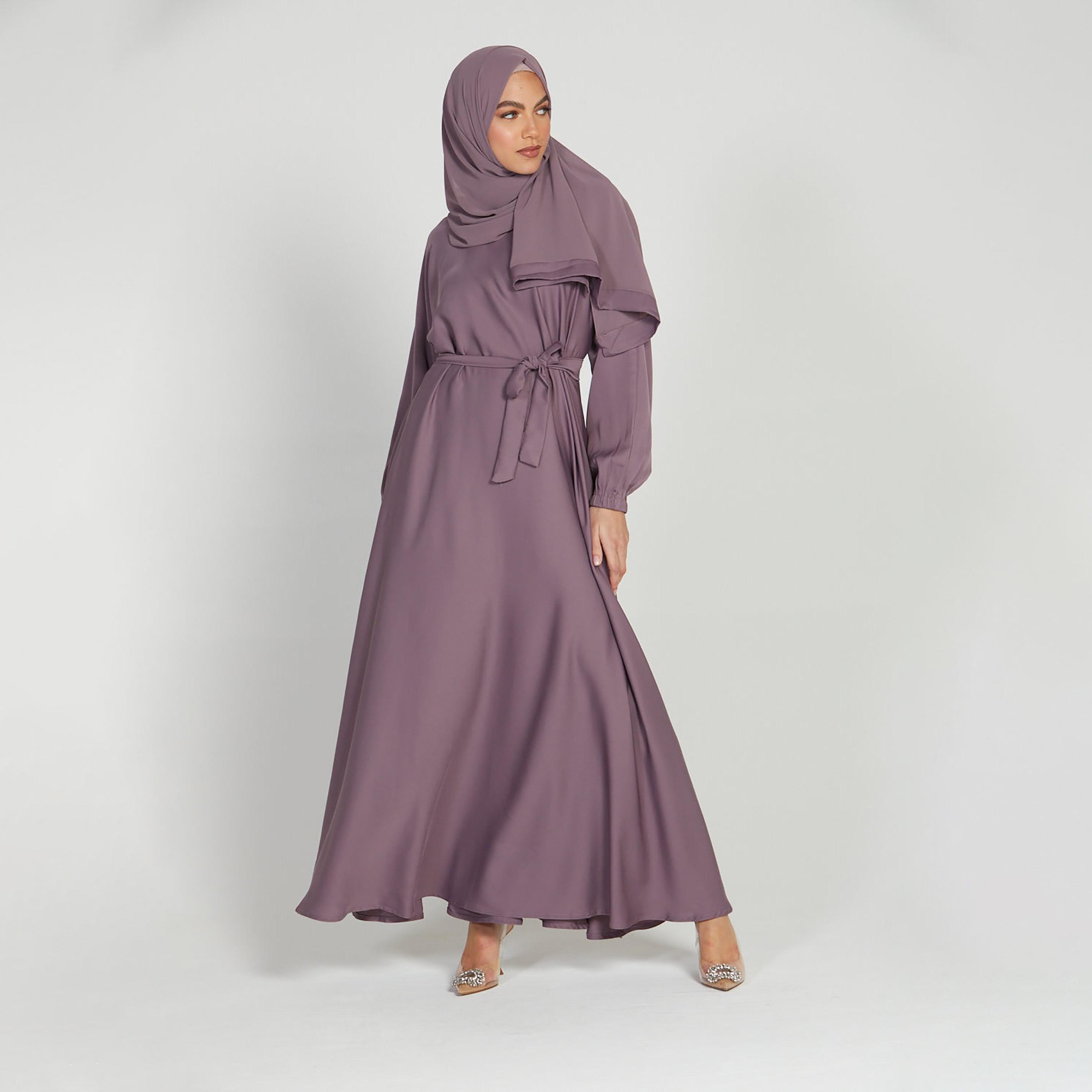 Nukhbaa Purple Nida Tie-Up Belted Abaya with Hijab-women-arabicclothing-abayas-image-1
