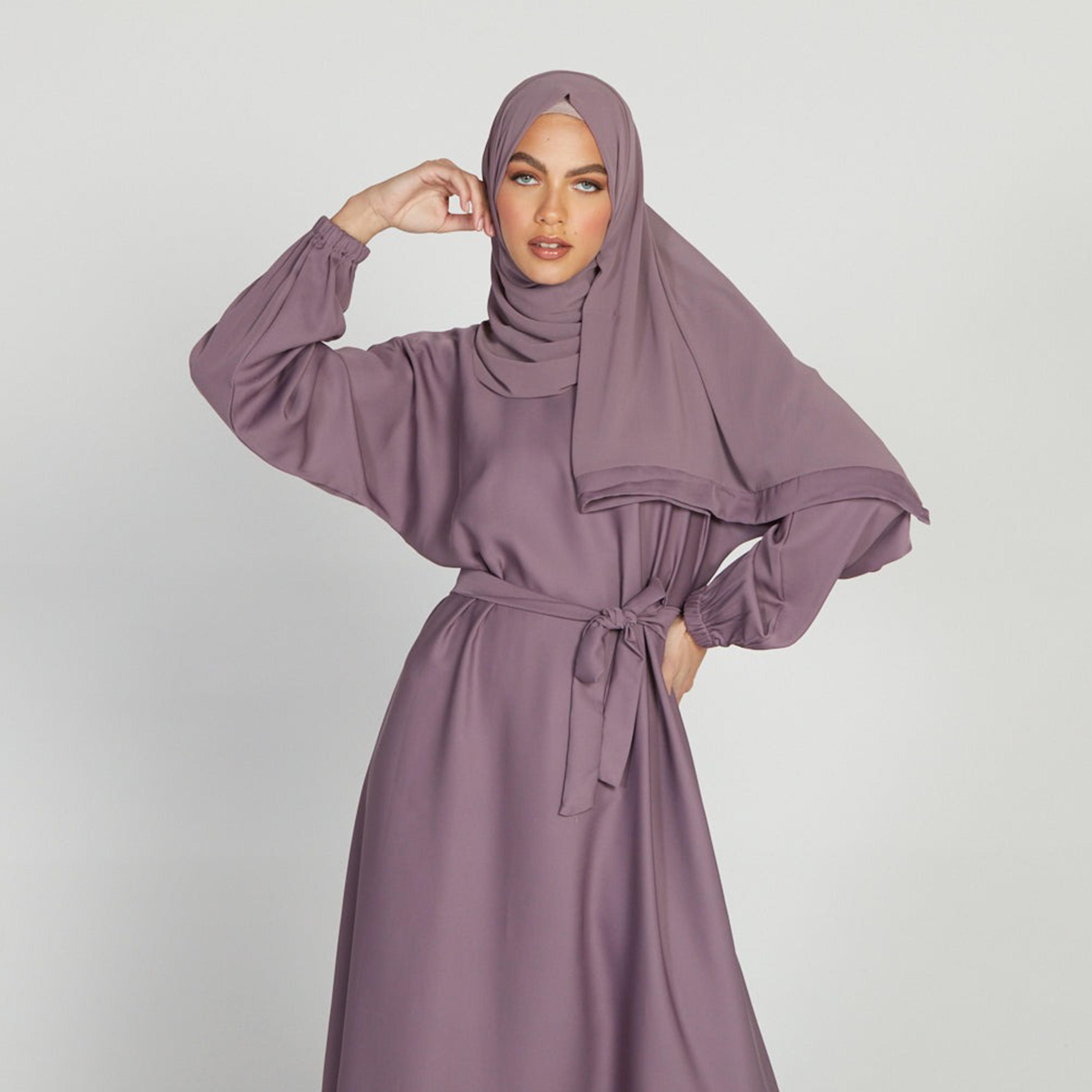 Nukhbaa Purple Nida Tie-Up Belted Abaya with Hijab-women-arabicclothing-abayas-image-2